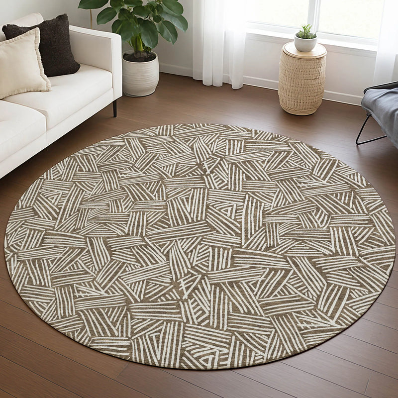 8' Brown And Ivory Round Geometric Washable Indoor Outdoor Area Rug Homeroots Outdoor