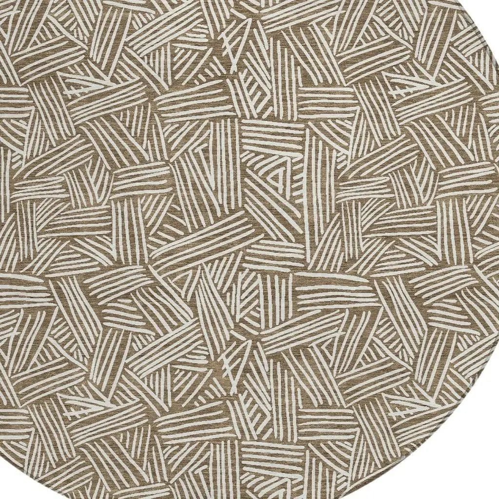 8' Brown And Ivory Round Geometric Washable Indoor Outdoor Area Rug Homeroots Outdoor