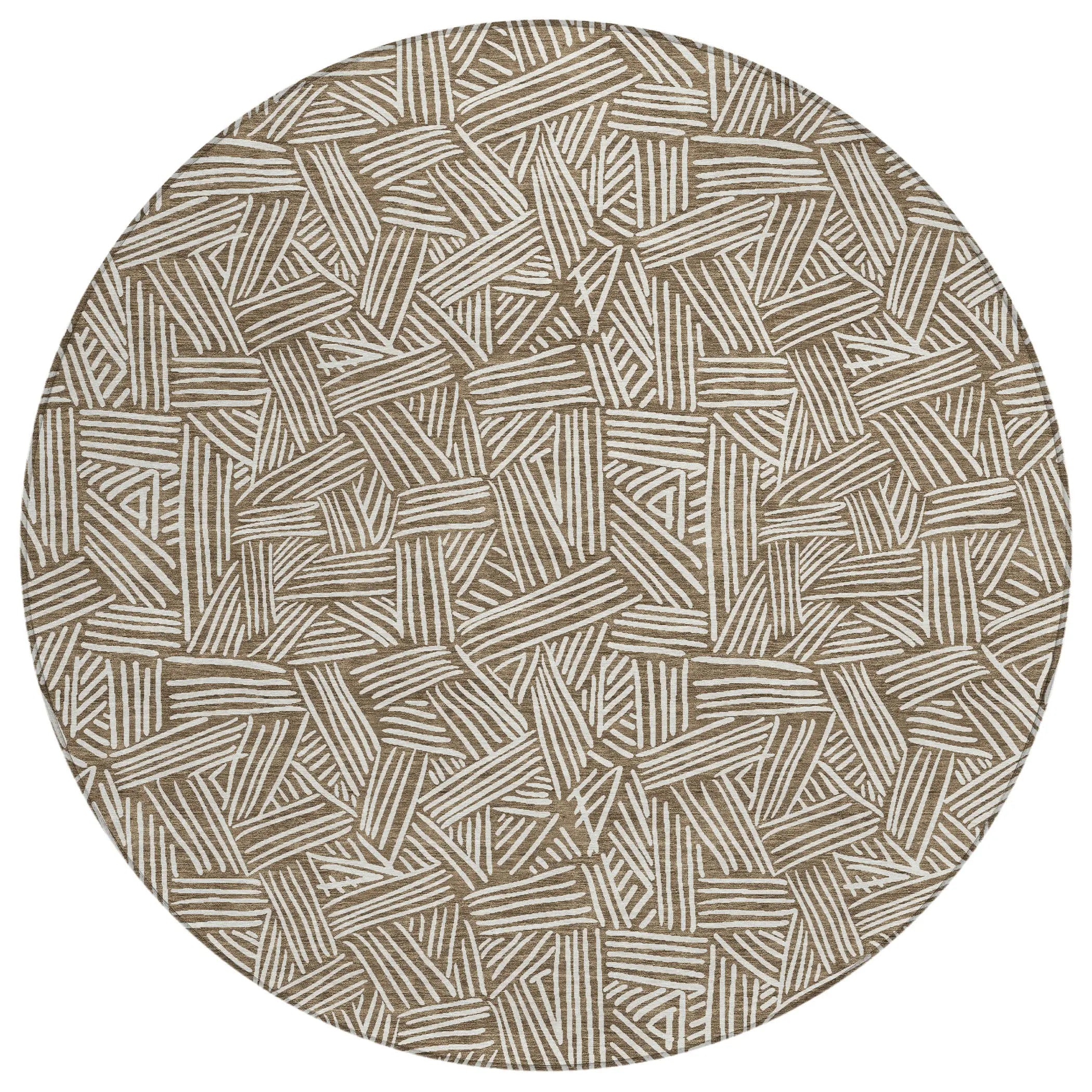 8' Brown And Ivory Round Geometric Washable Indoor Outdoor Area Rug Homeroots Outdoor