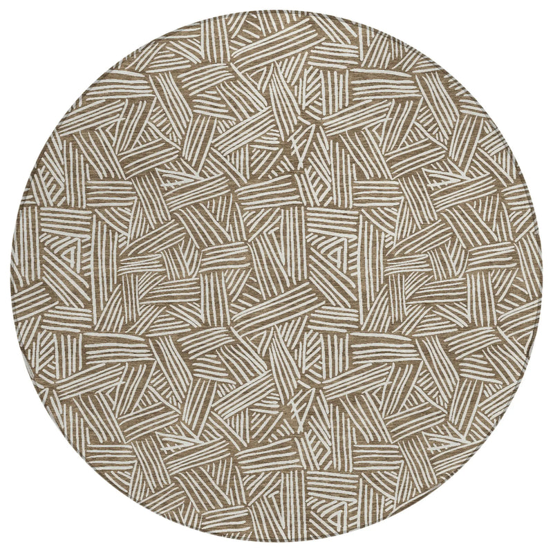 8' Brown And Ivory Round Geometric Washable Indoor Outdoor Area Rug Homeroots Outdoor