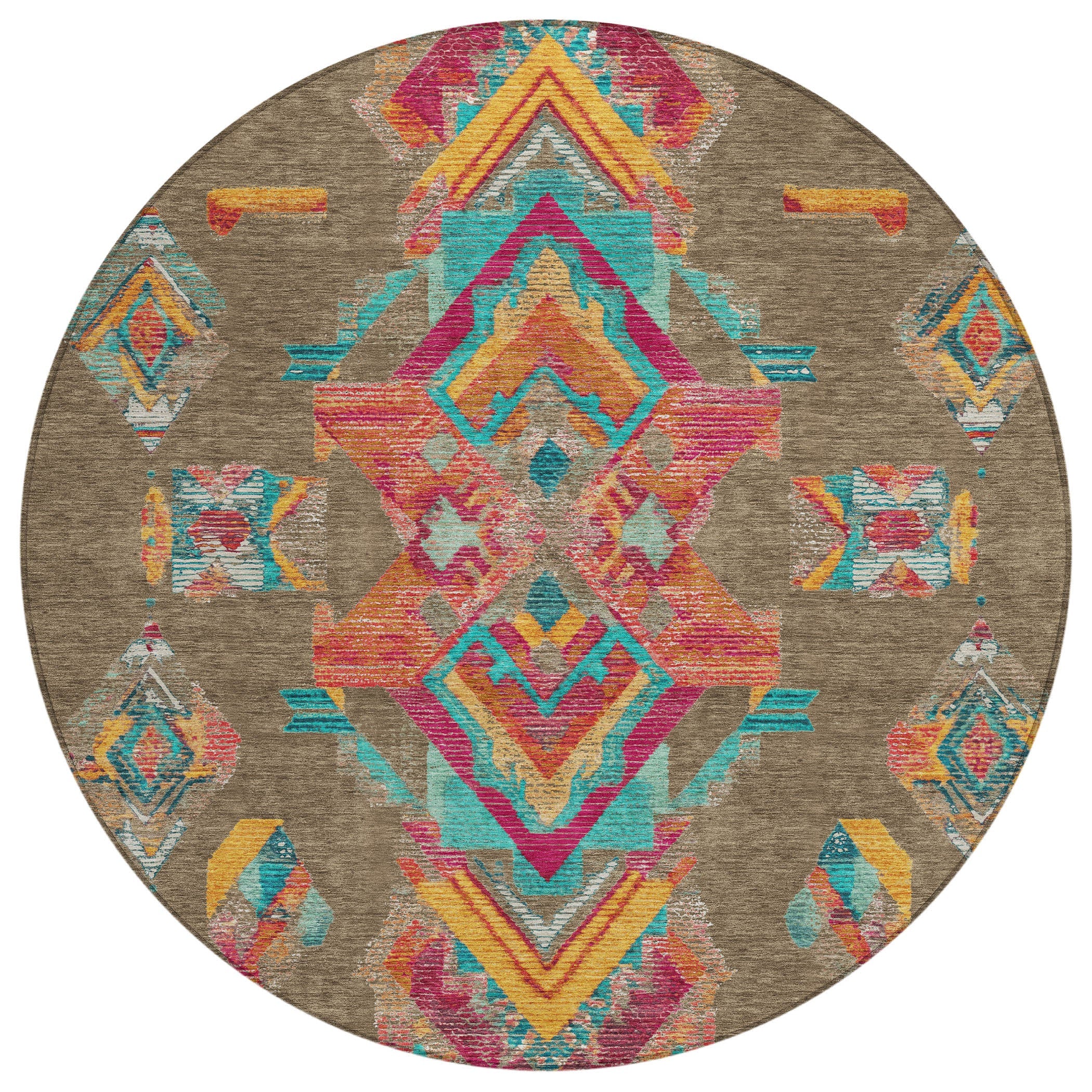 8' Brown And Ivory Round Tribal Washable Indoor Outdoor Area Rug Homeroots Outdoor