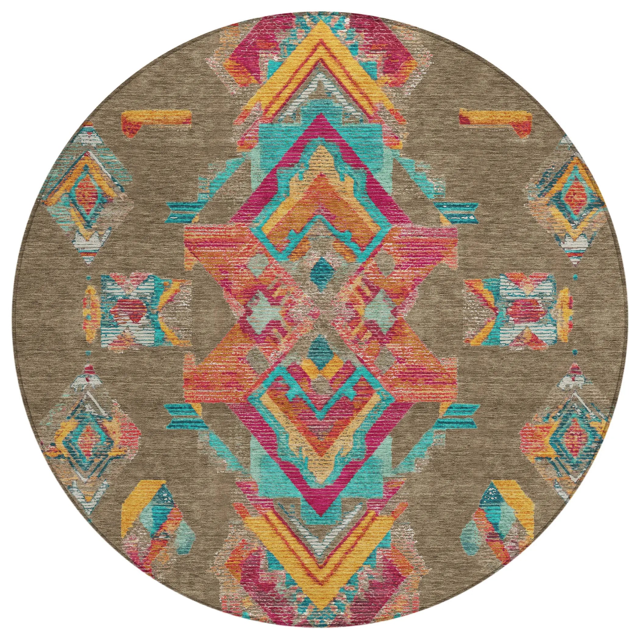 8' Brown And Ivory Round Tribal Washable Indoor Outdoor Area Rug Homeroots Outdoor