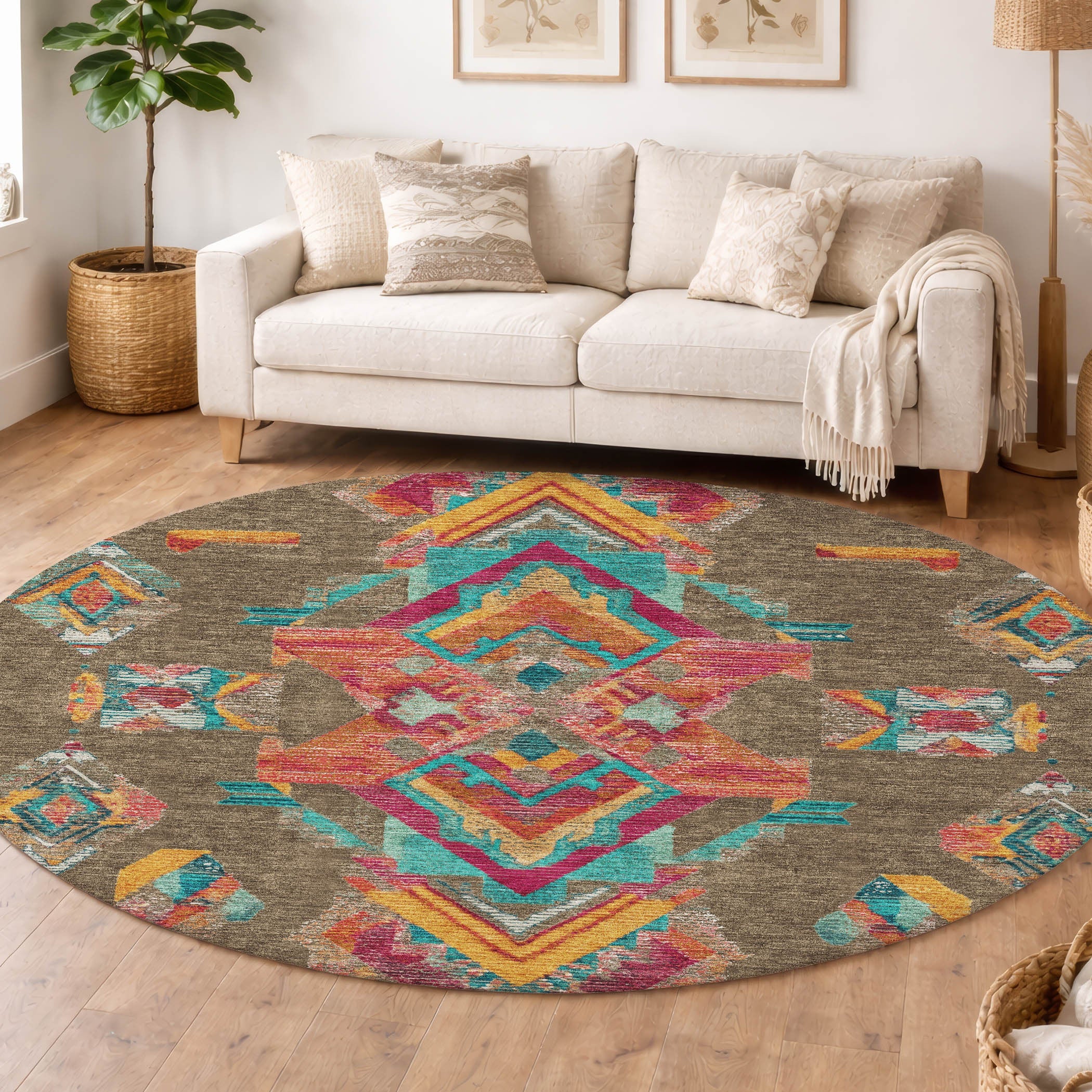 8' Brown And Ivory Round Tribal Washable Indoor Outdoor Area Rug Homeroots Outdoor
