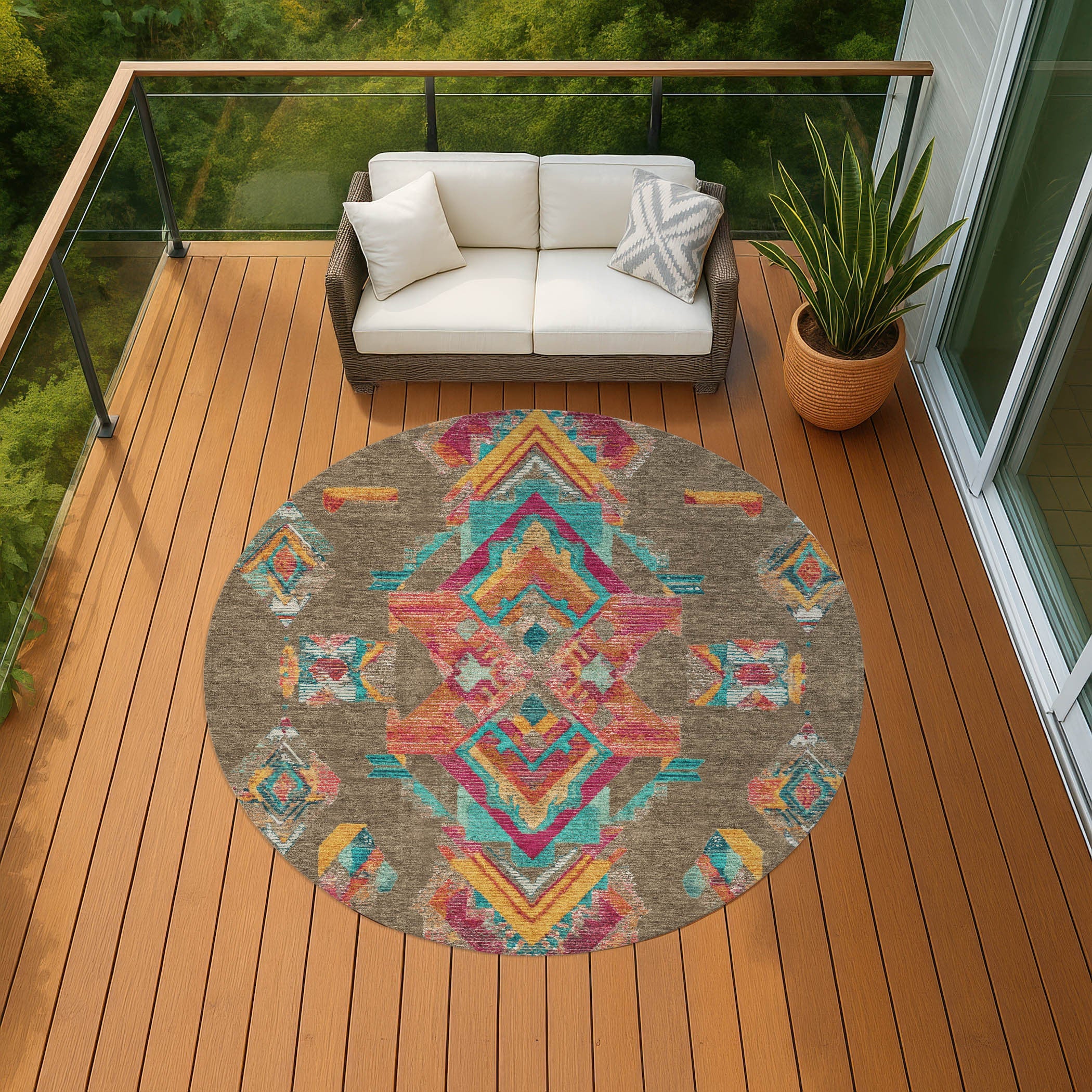 8' Brown And Ivory Round Tribal Washable Indoor Outdoor Area Rug Homeroots Outdoor