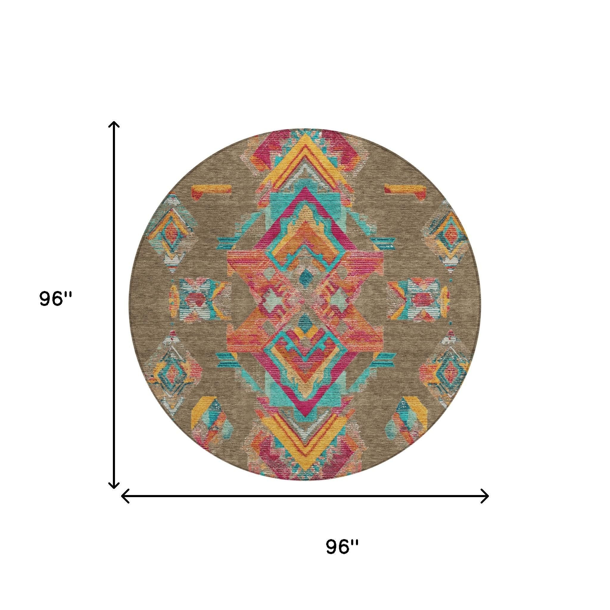 8' Brown And Ivory Round Tribal Washable Indoor Outdoor Area Rug Homeroots Outdoor
