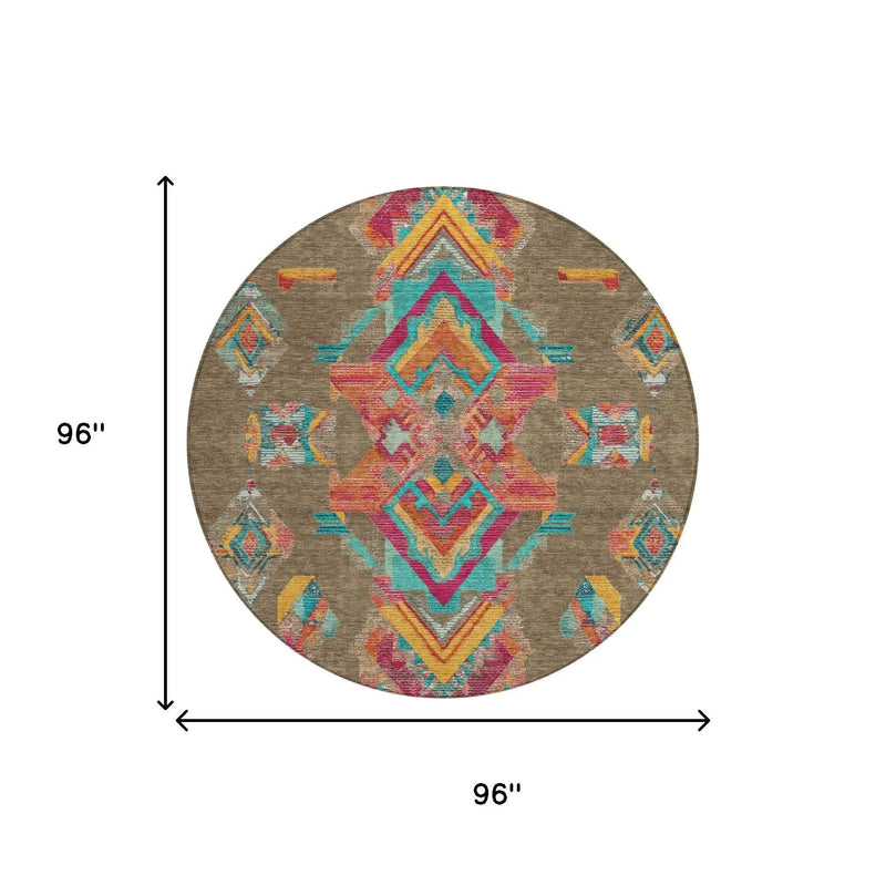 8' Brown And Ivory Round Tribal Washable Indoor Outdoor Area Rug Homeroots Outdoor