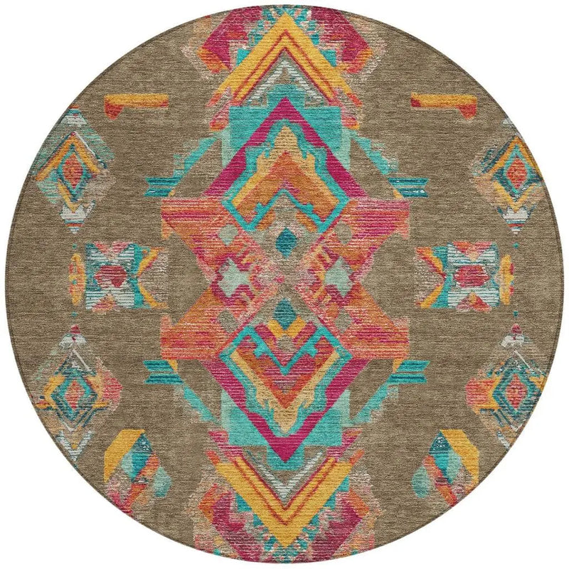 8' Brown And Ivory Round Tribal Washable Indoor Outdoor Area Rug Homeroots Outdoor