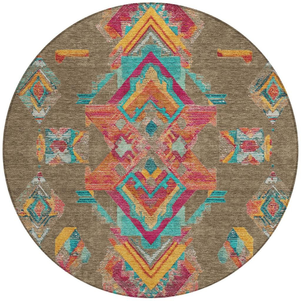 8' Brown And Ivory Round Tribal Washable Indoor Outdoor Area Rug Homeroots Outdoor