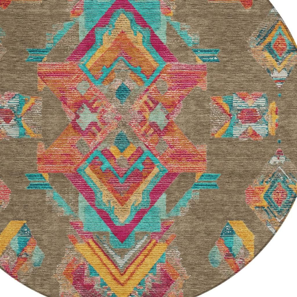 8' Brown And Ivory Round Tribal Washable Indoor Outdoor Area Rug Homeroots Outdoor