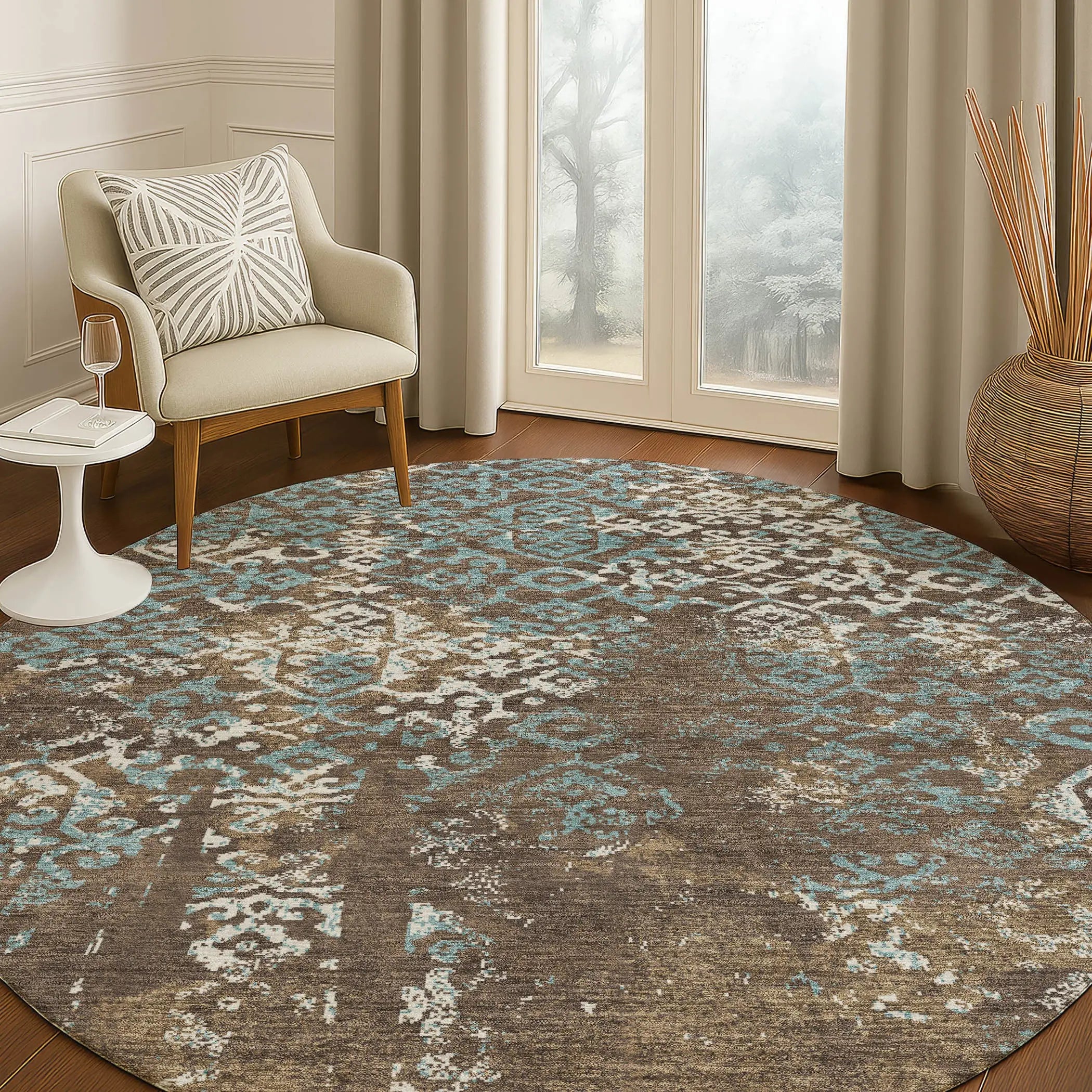 8' Brown And Khaki Round Oriental Washable Indoor Outdoor Area Rug Homeroots Outdoor