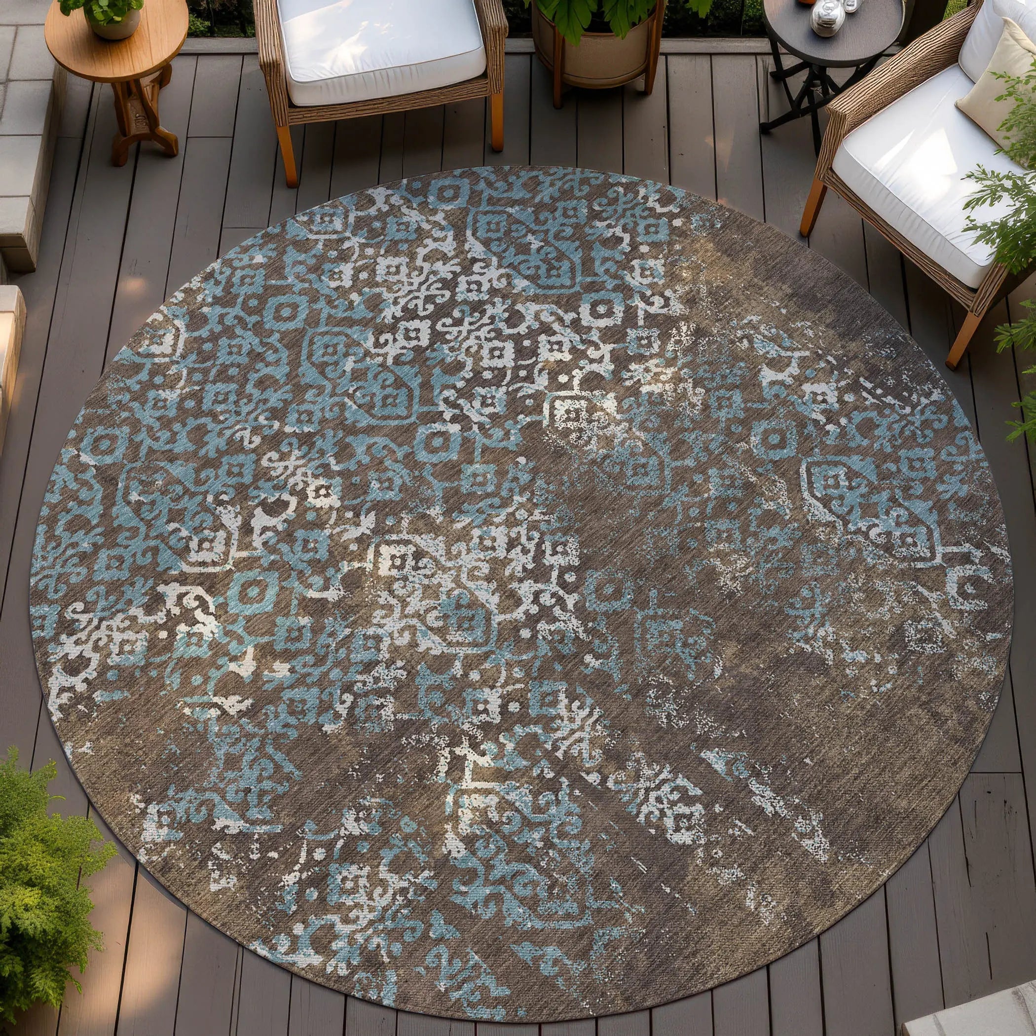 8' Brown And Khaki Round Oriental Washable Indoor Outdoor Area Rug Homeroots Outdoor