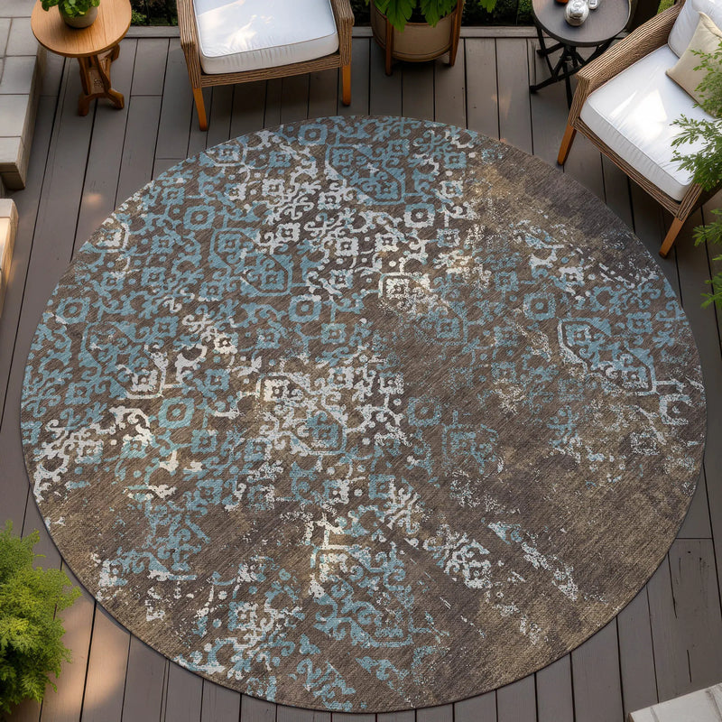 8' Brown And Khaki Round Oriental Washable Indoor Outdoor Area Rug Homeroots Outdoor
