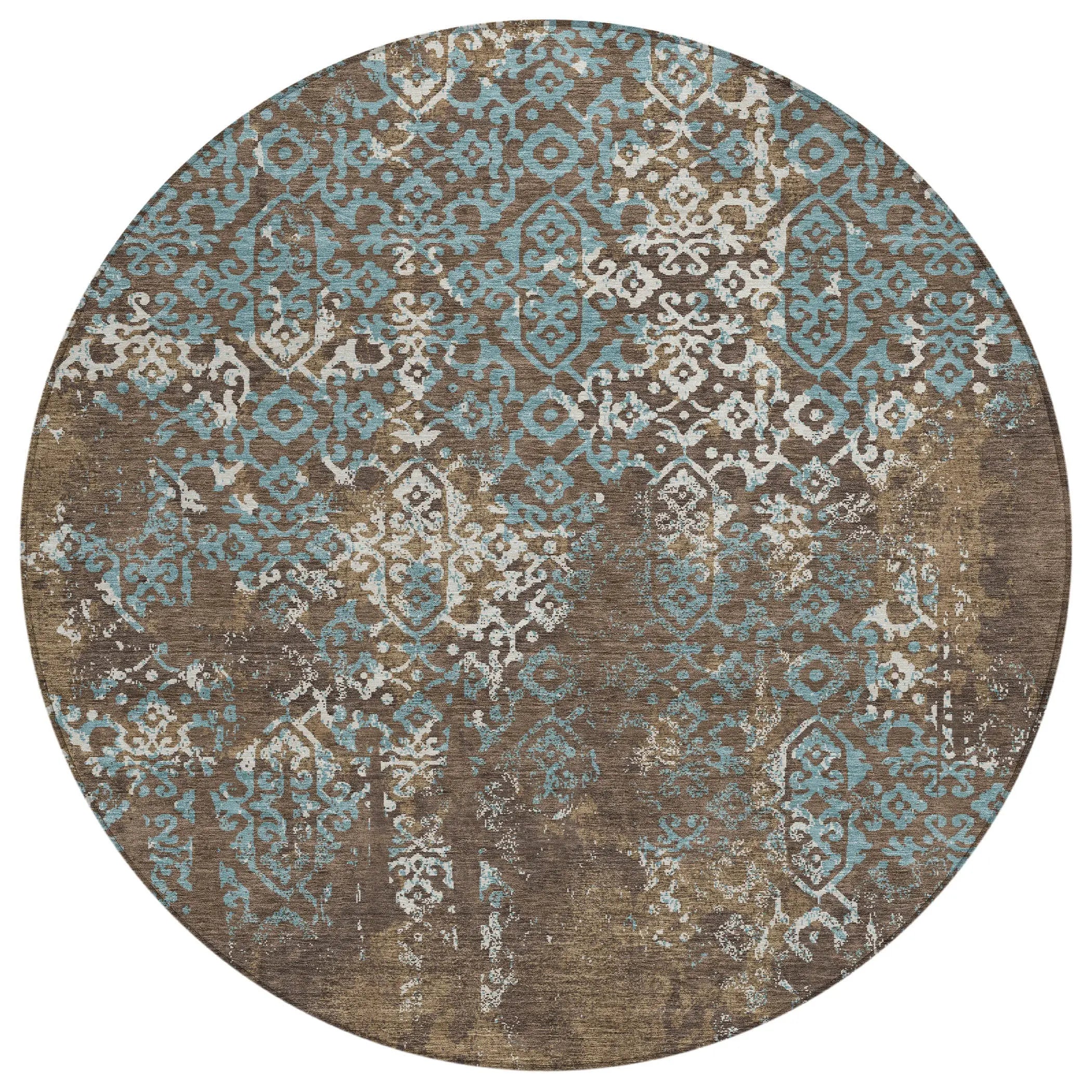 8' Brown And Khaki Round Oriental Washable Indoor Outdoor Area Rug Homeroots Outdoor