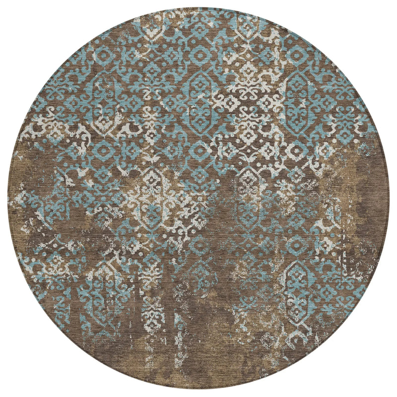 8' Brown And Khaki Round Oriental Washable Indoor Outdoor Area Rug Homeroots Outdoor