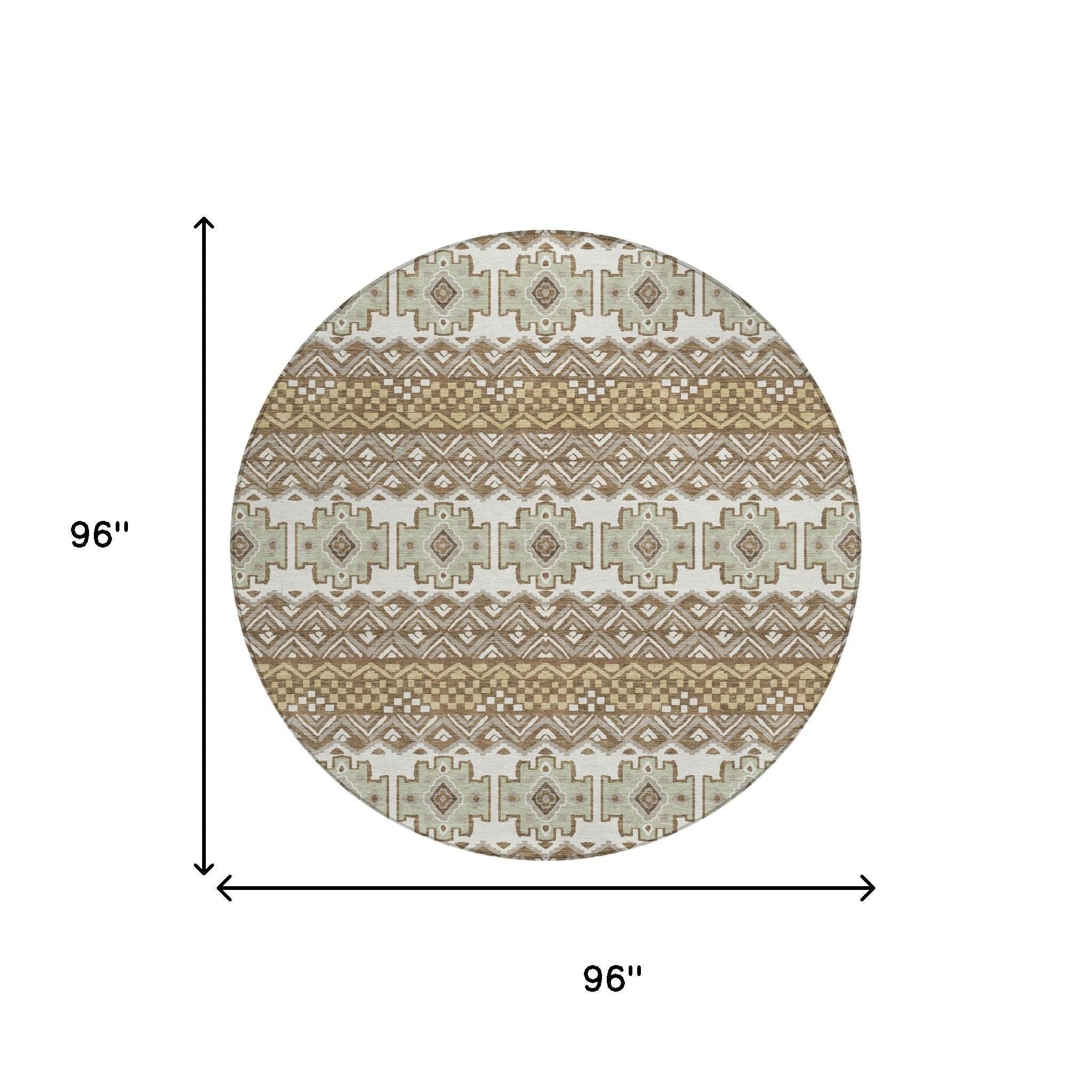 8' Brown And Khaki Round Striped Washable Indoor Outdoor Area Rug Homeroots Outdoor