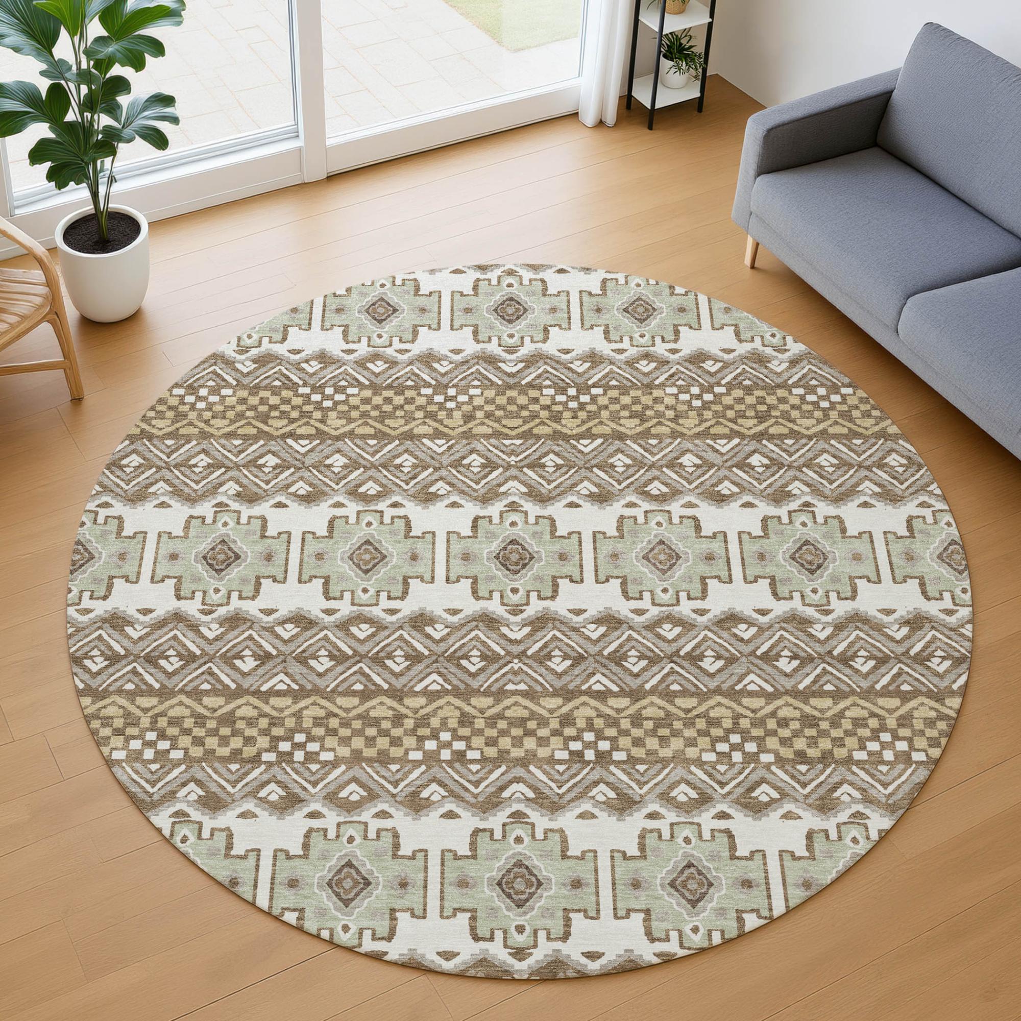 8' Brown And Khaki Round Striped Washable Indoor Outdoor Area Rug Homeroots Outdoor