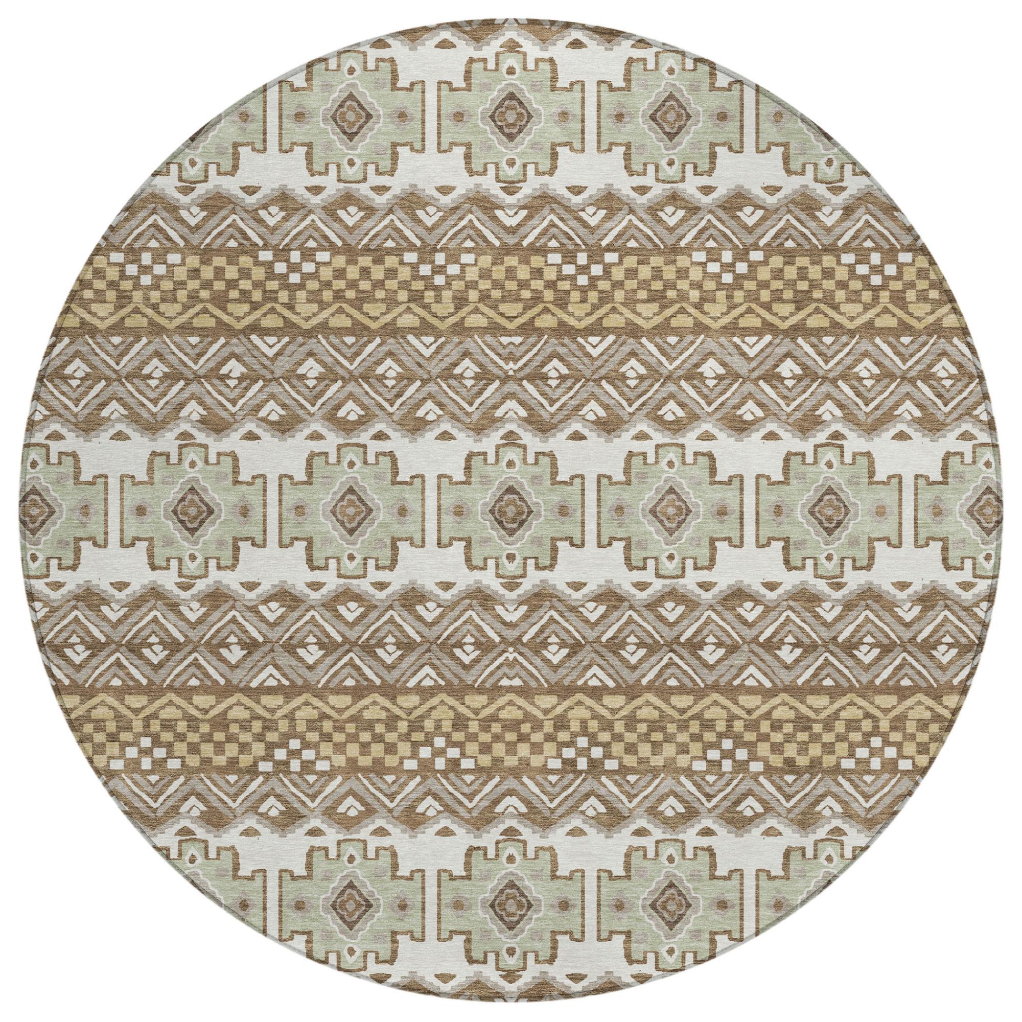 8' Brown And Khaki Round Striped Washable Indoor Outdoor Area Rug Homeroots Outdoor