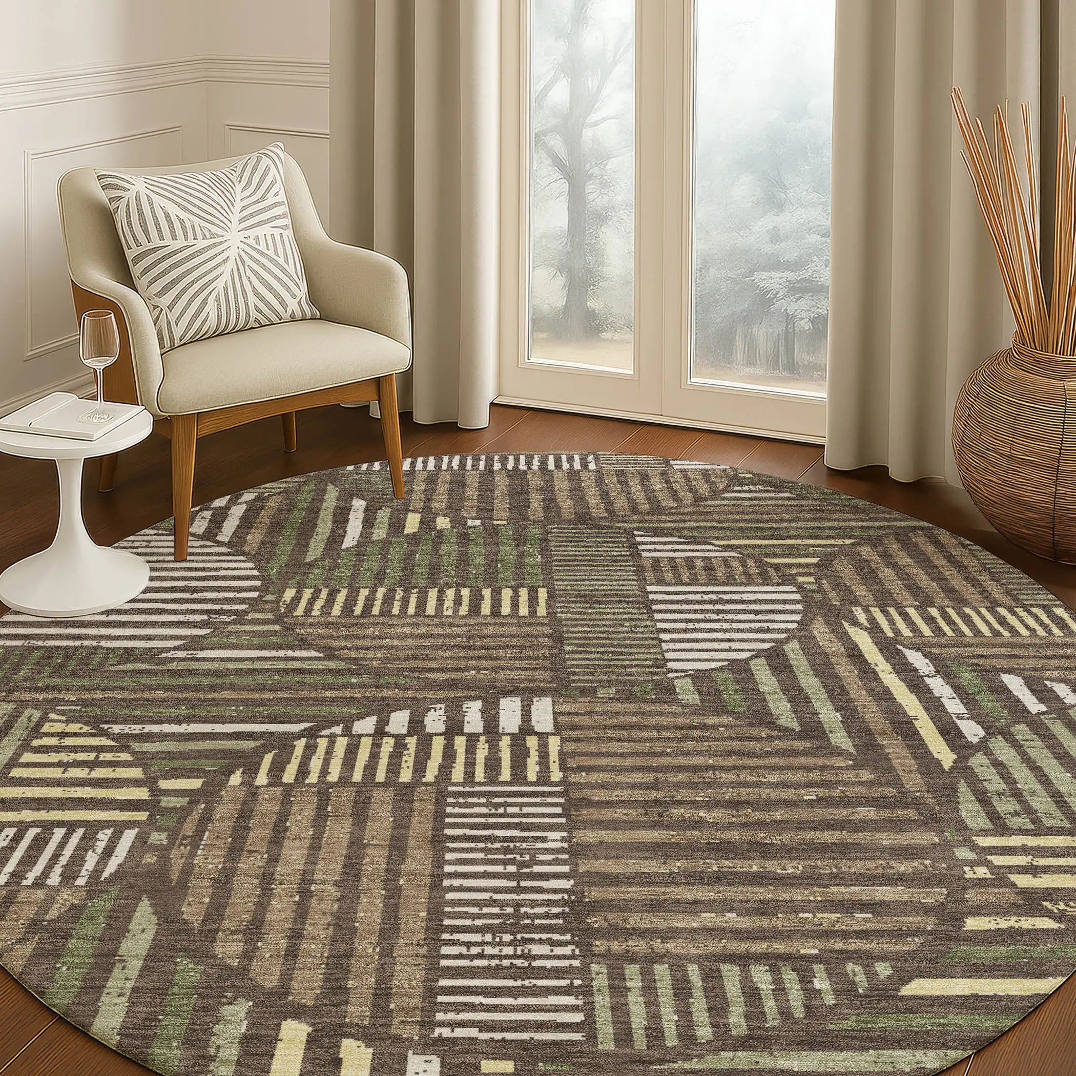 8' Brown And Linen Round Geometric Washable Indoor Outdoor Area Rug Homeroots Outdoor