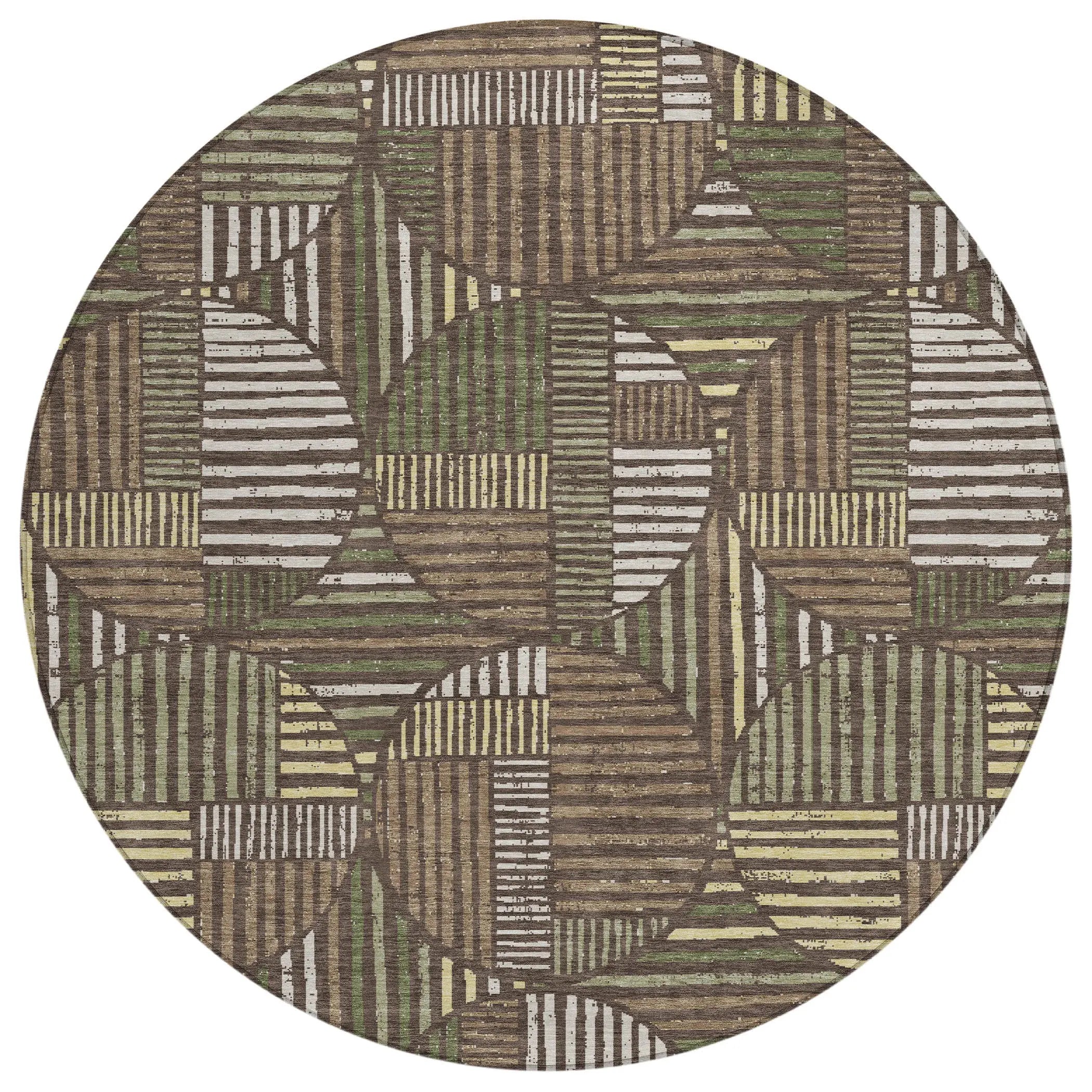 8' Brown And Linen Round Geometric Washable Indoor Outdoor Area Rug Homeroots Outdoor