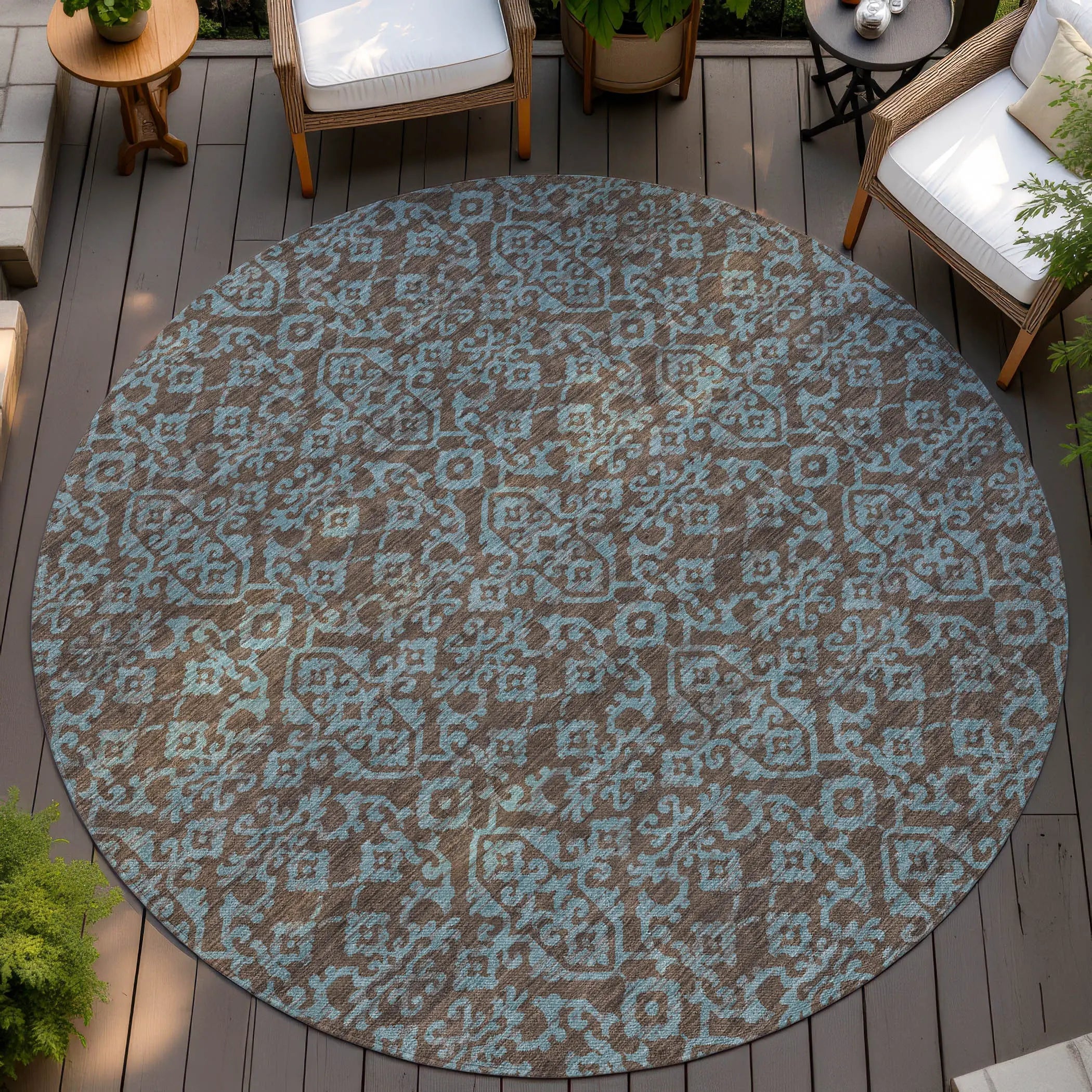 8' Brown And Linen Round Oriental Washable Indoor Outdoor Area Rug Homeroots Outdoor