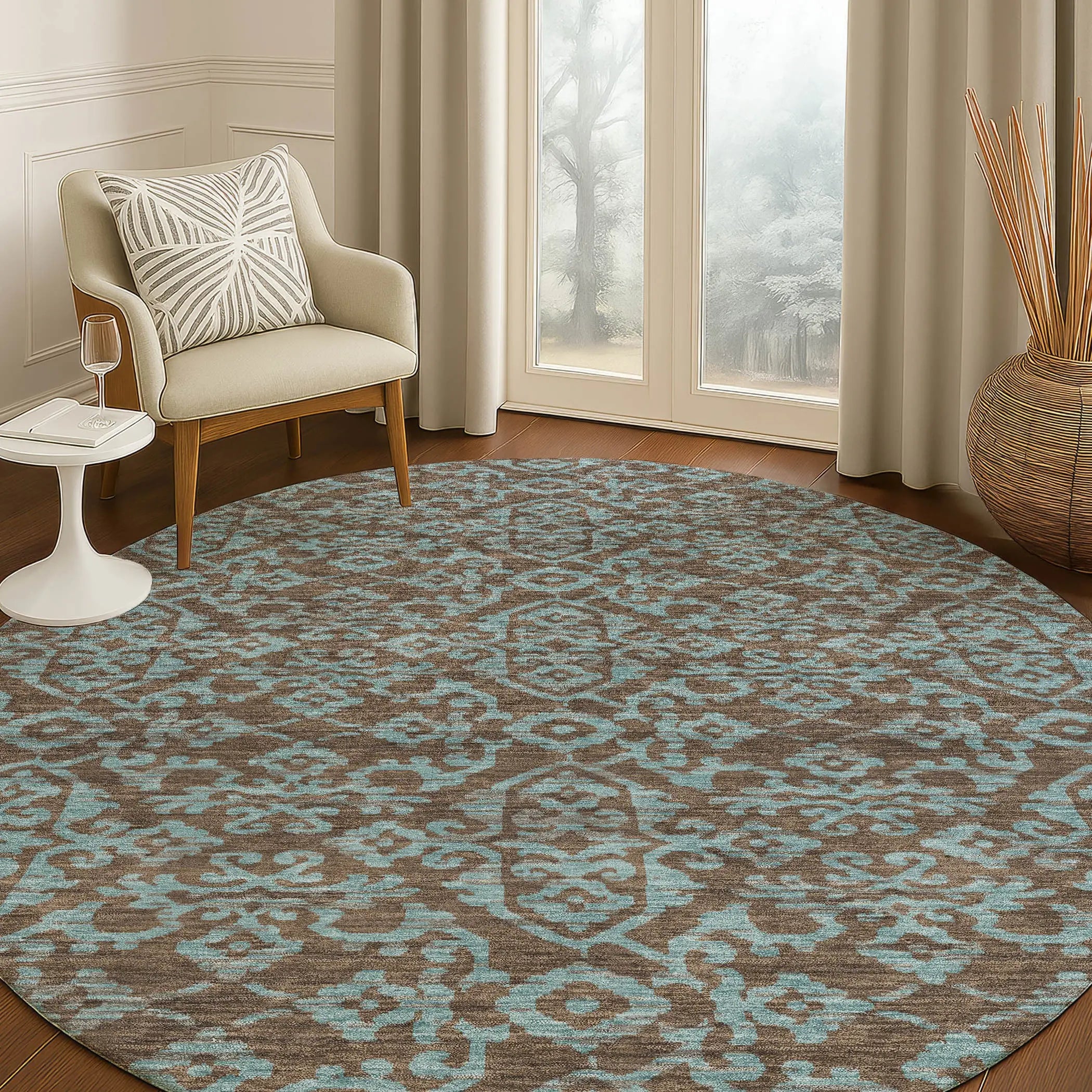 8' Brown And Linen Round Oriental Washable Indoor Outdoor Area Rug Homeroots Outdoor