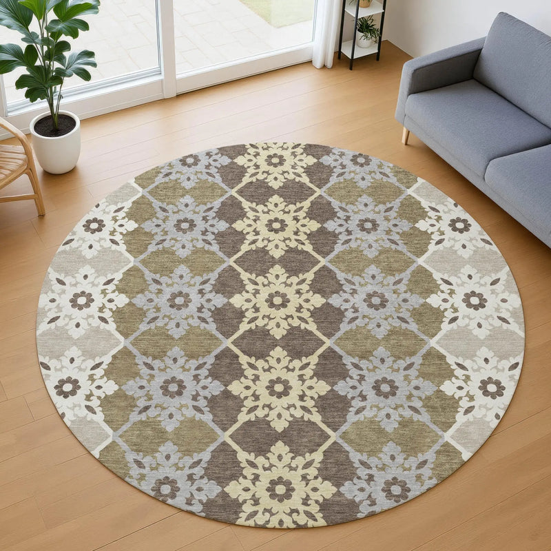 8' Brown And Pewter Round Floral Medallion Washable Indoor Outdoor Area Rug Homeroots Outdoor