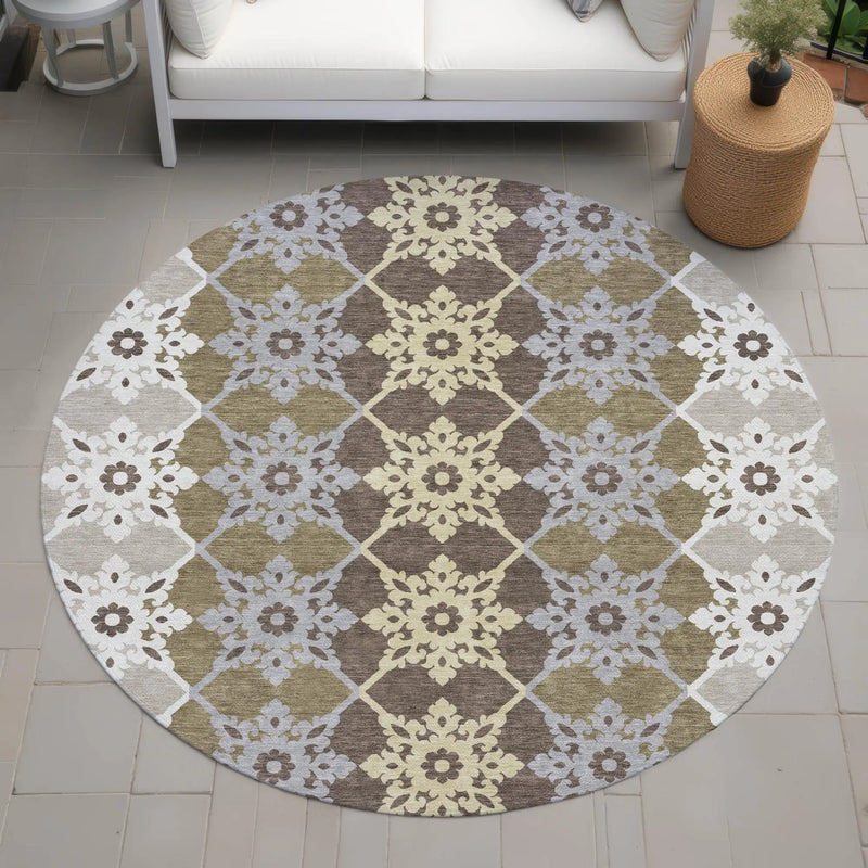 8' Brown And Pewter Round Floral Medallion Washable Indoor Outdoor Area Rug Homeroots Outdoor