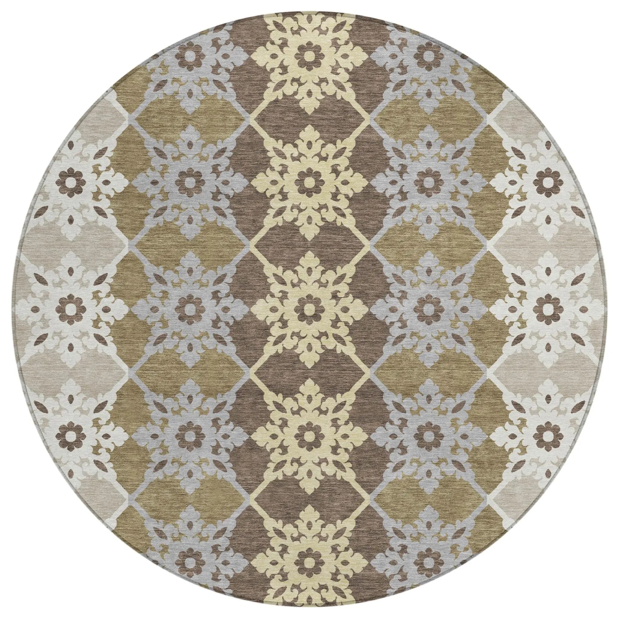 8' Brown And Pewter Round Floral Medallion Washable Indoor Outdoor Area Rug Homeroots Outdoor