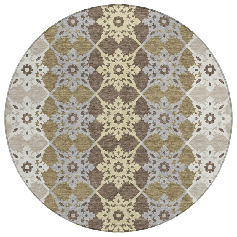 8' Brown And Pewter Round Floral Medallion Washable Indoor Outdoor Area Rug Homeroots Outdoor
