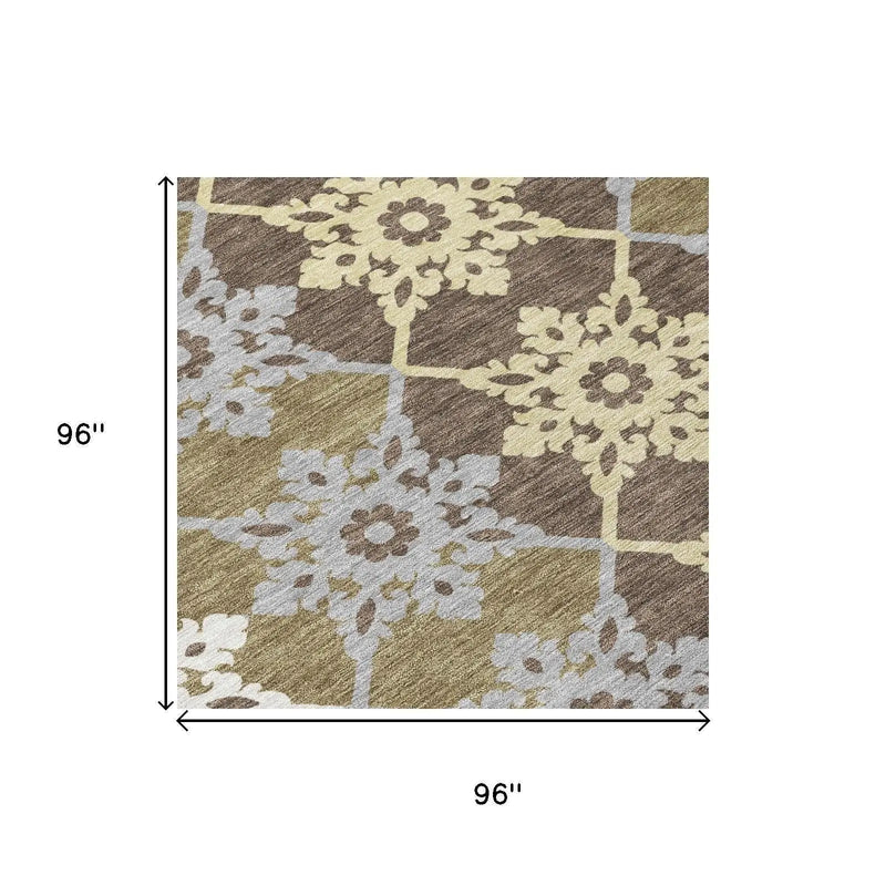 8' Brown And Pewter Round Floral Medallion Washable Indoor Outdoor Area Rug Homeroots Outdoor