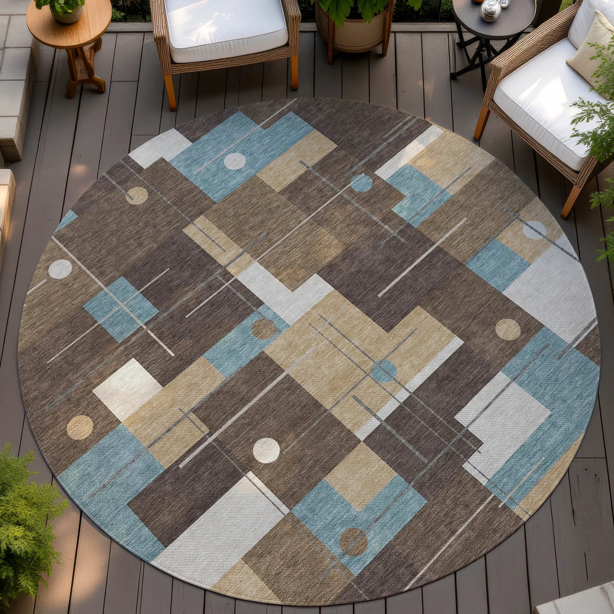 8' Brown And Pewter Round Geometric Washable Indoor Outdoor Area Rug Homeroots Outdoor