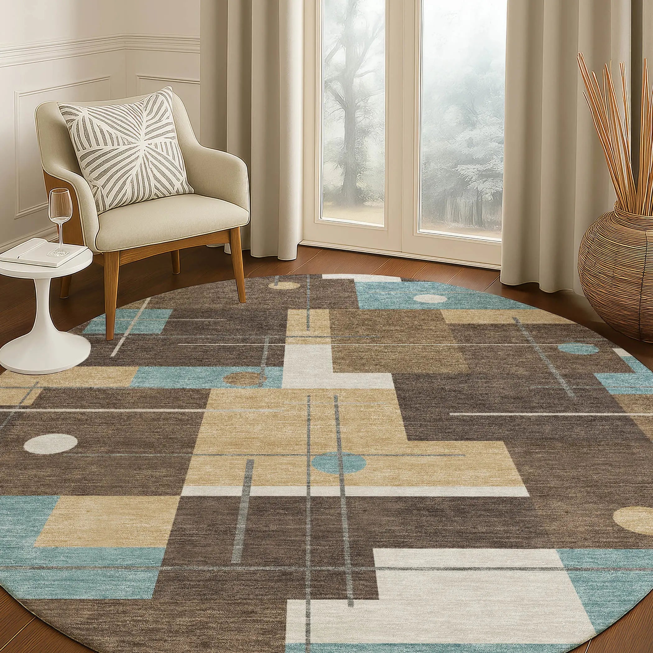 8' Brown And Pewter Round Geometric Washable Indoor Outdoor Area Rug Homeroots Outdoor