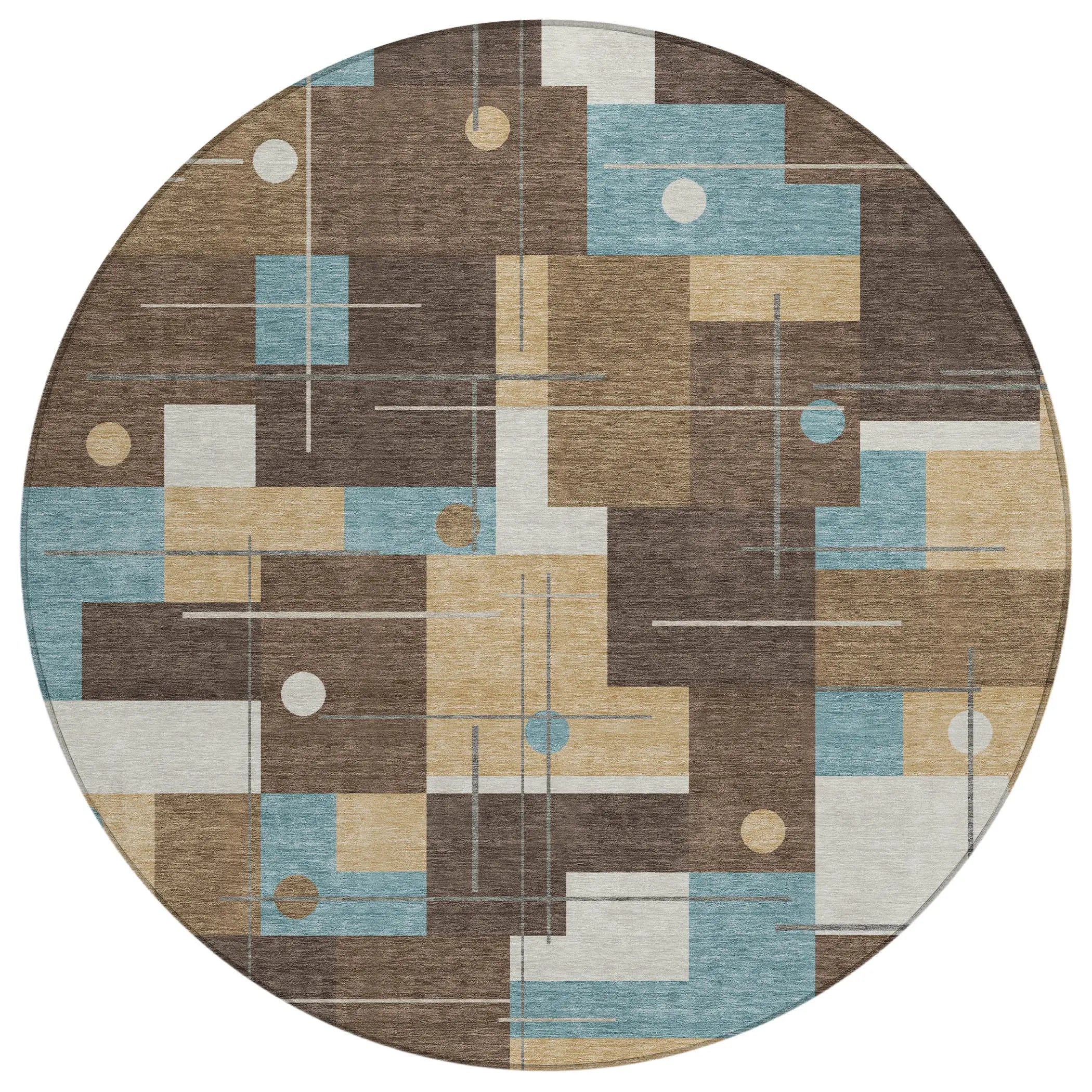 8' Brown And Pewter Round Geometric Washable Indoor Outdoor Area Rug Homeroots Outdoor