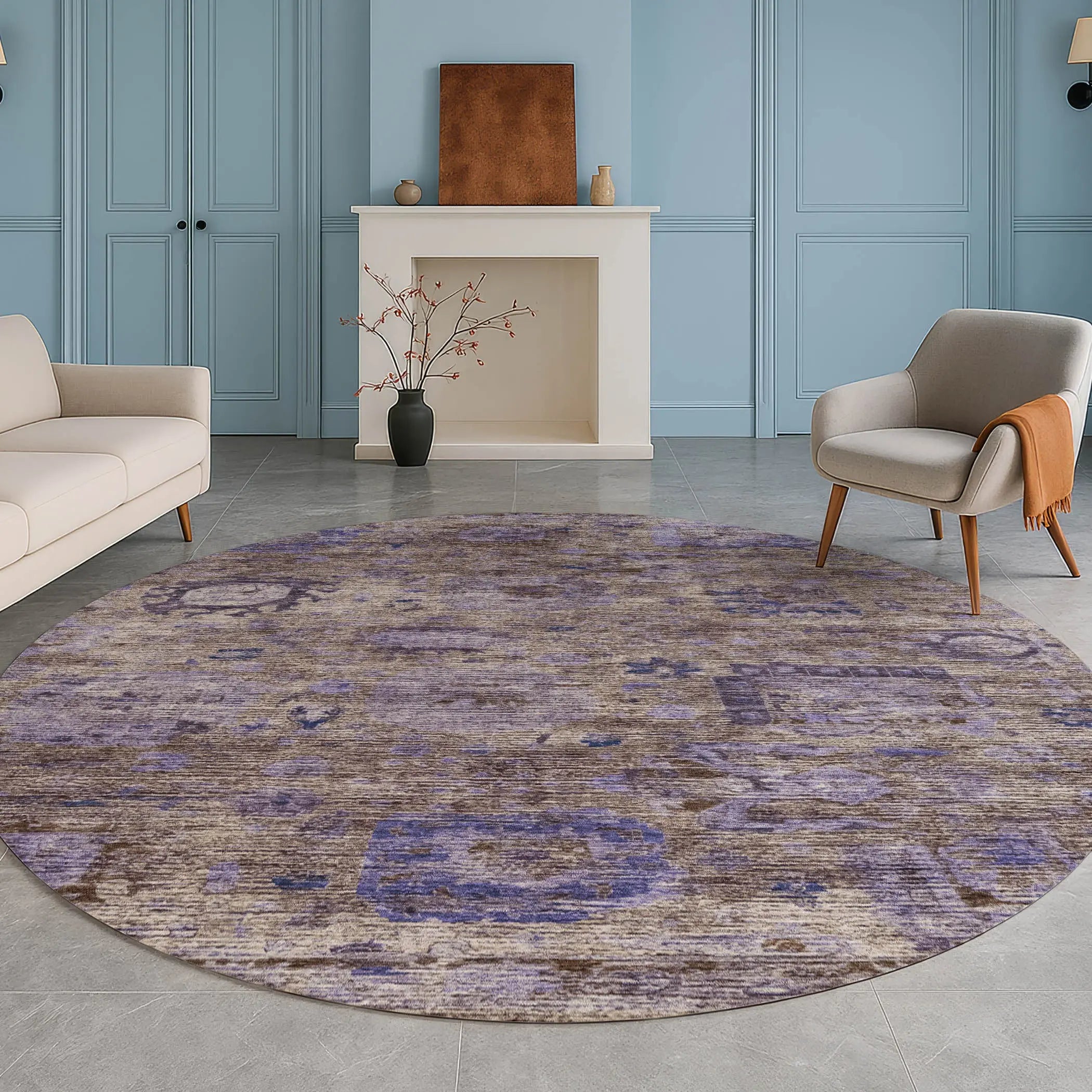 8' Brown And Plum Round Abstract Washable Indoor Outdoor Area Rug Homeroots Outdoor
