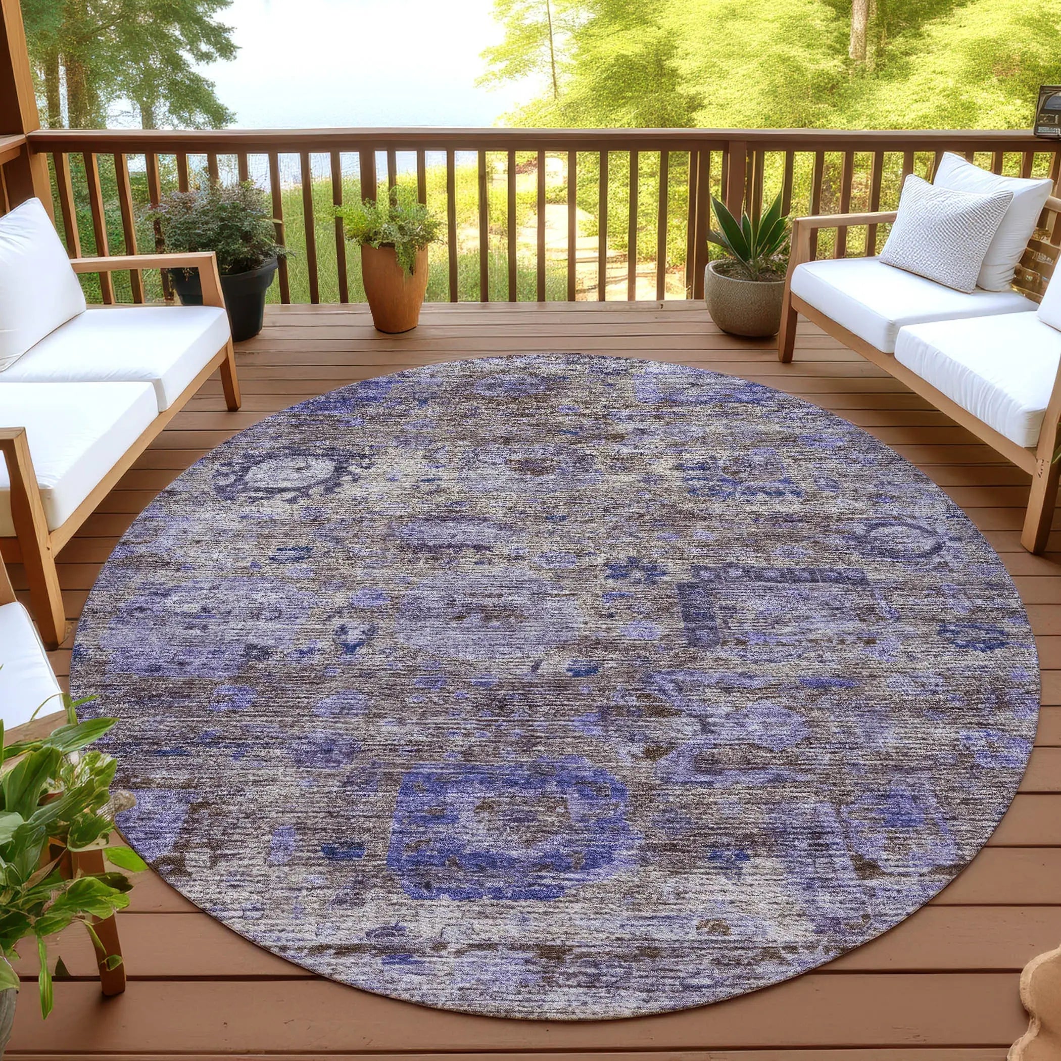 8' Brown And Plum Round Abstract Washable Indoor Outdoor Area Rug Homeroots Outdoor