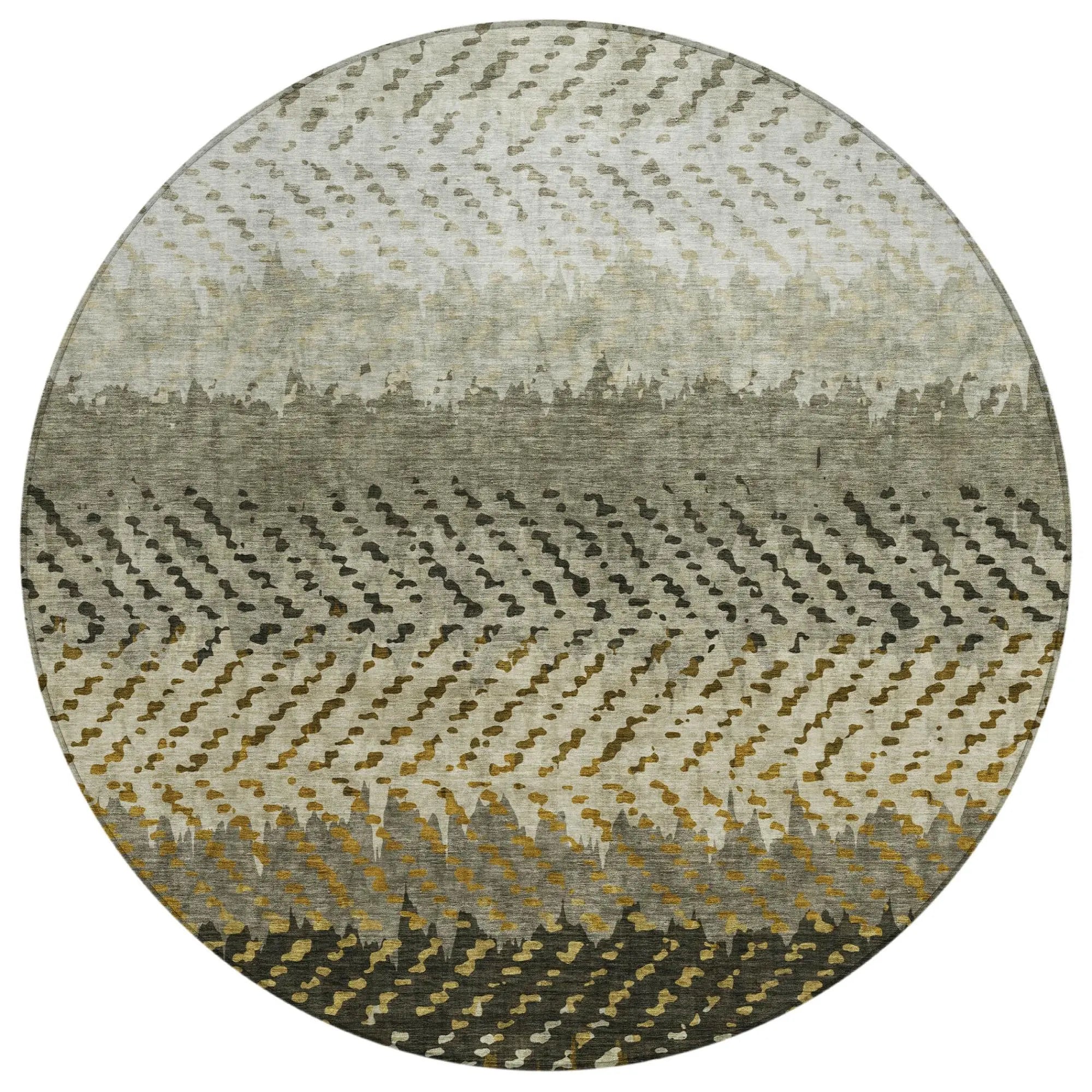 Round area rug in muted gray, beige, and mustard hues with a textured geometric pattern. Ideal for modern interiors.