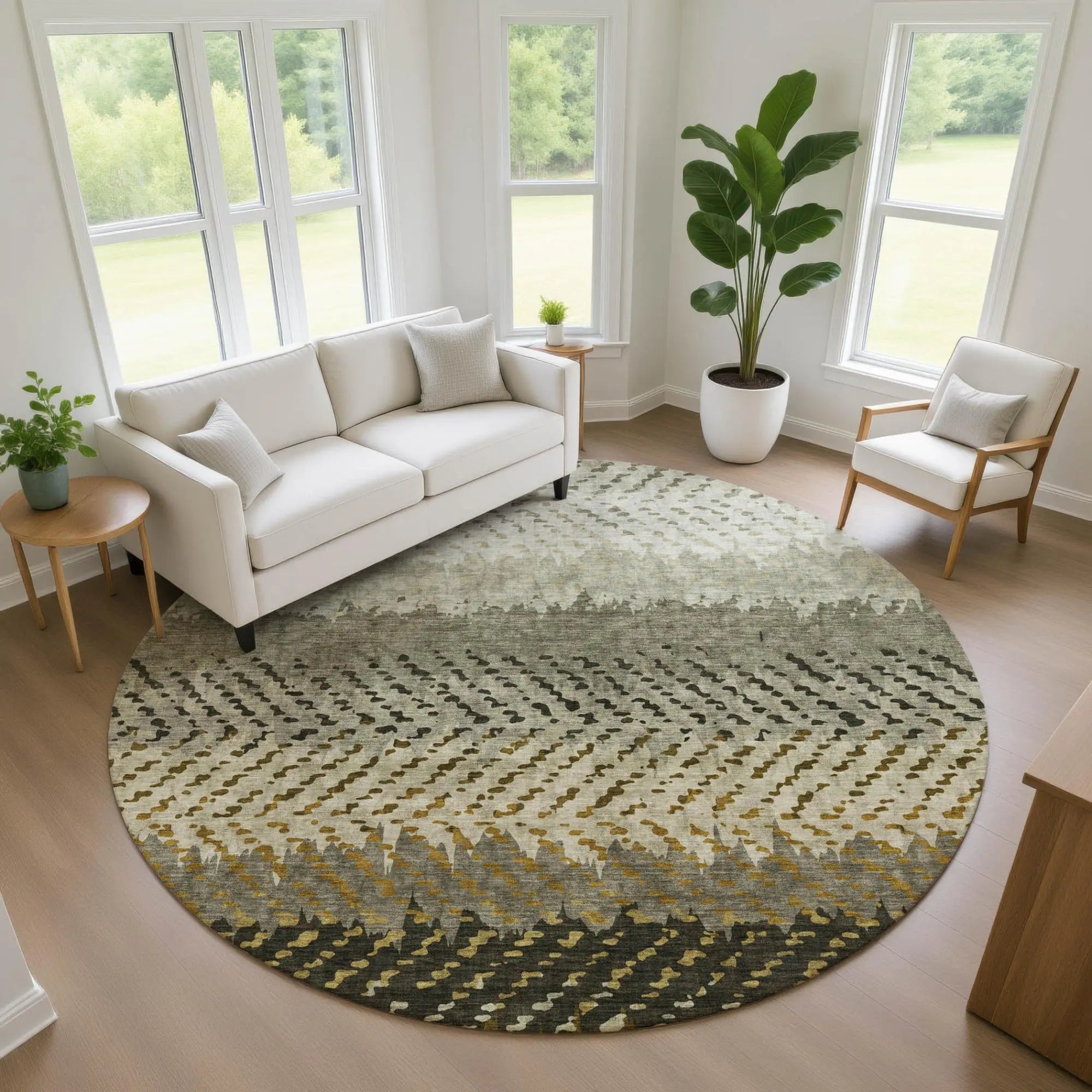 Round area rug in grey, cream, and olive, showcasing a modern geometric pattern, perfect for contemporary living spaces.
