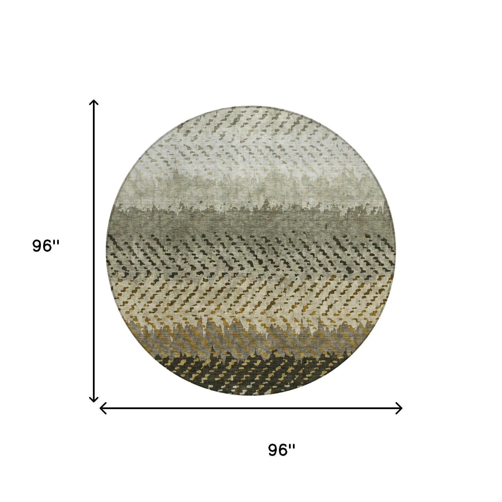 Round 96" area rug in gray and gold, featuring a textured geometric pattern, perfect for modern décor.
