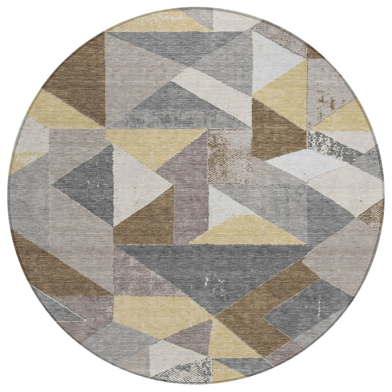 8' Brown And Silver Round Geometric Washable Indoor Outdoor Area Rug Homeroots Outdoor