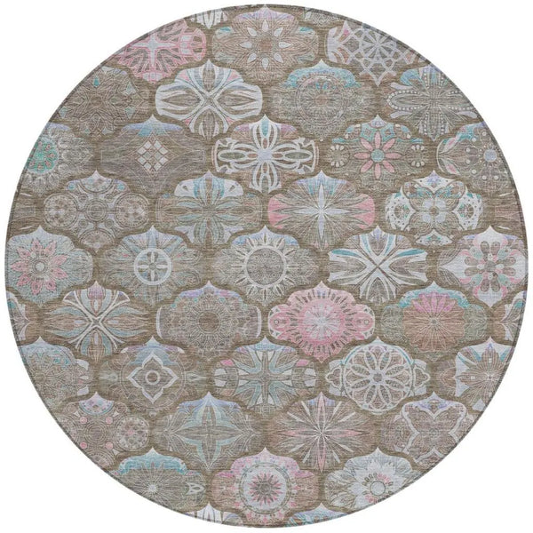 8' Brown And Silver Round Ogee Washable Indoor Outdoor Area Rug Homeroots Outdoor