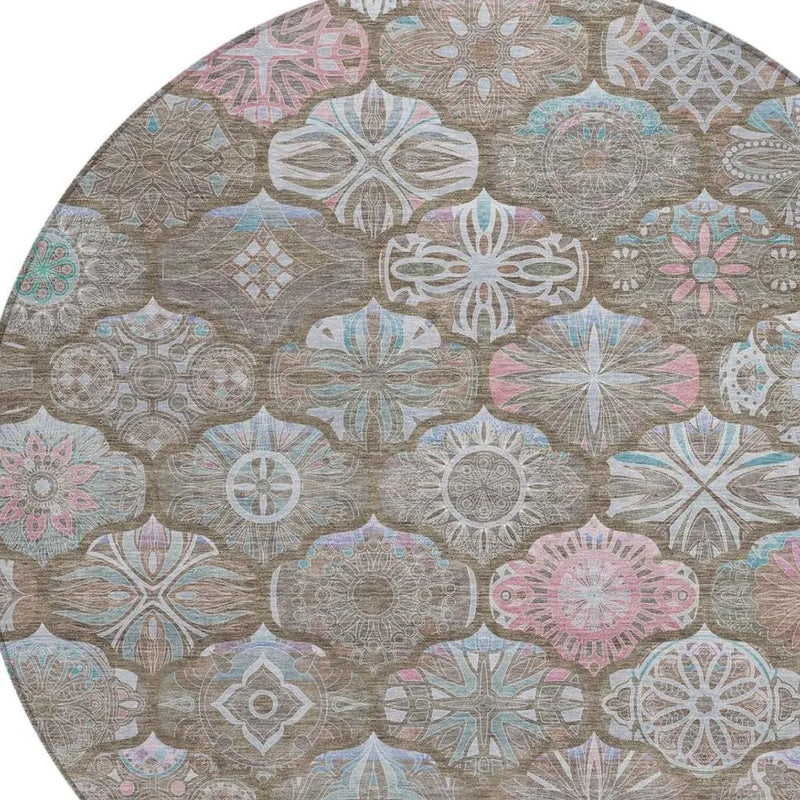 8' Brown And Silver Round Ogee Washable Indoor Outdoor Area Rug Homeroots Outdoor
