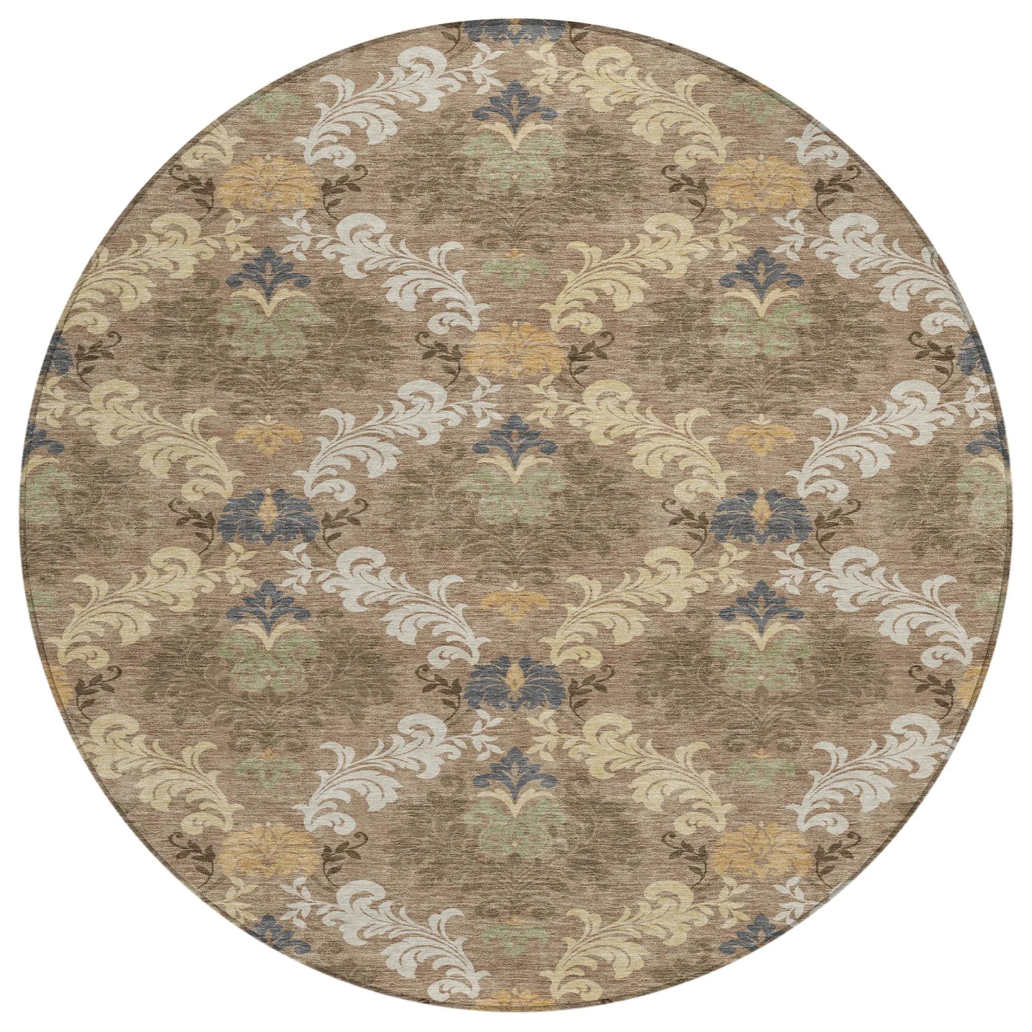 8' Brown And Taupe Round Damask Washable Indoor Outdoor Area Rug Homeroots Outdoor