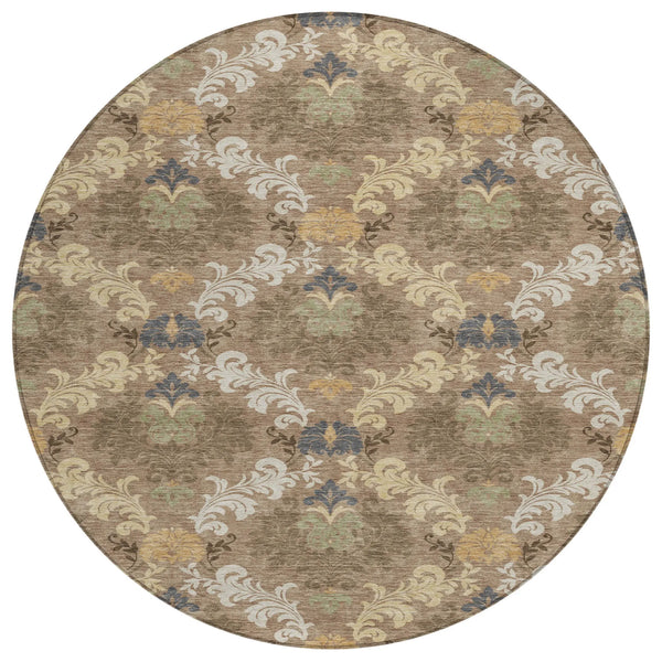 8' Brown And Taupe Round Damask Washable Indoor Outdoor Area Rug Homeroots Outdoor
