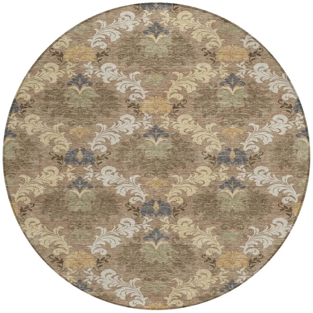 8' Brown And Taupe Round Damask Washable Indoor Outdoor Area Rug Homeroots Outdoor