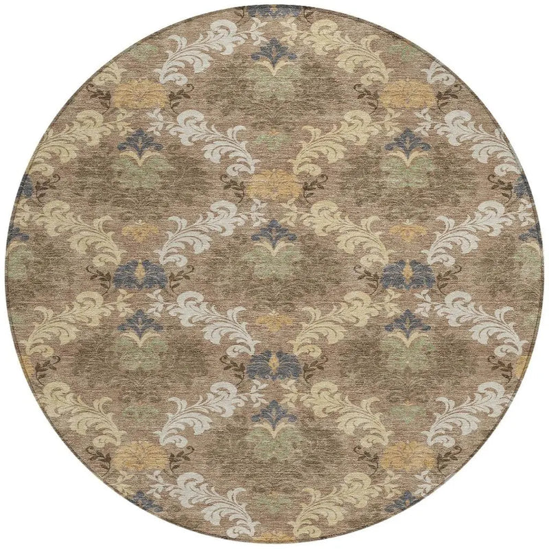 8' Brown And Taupe Round Damask Washable Indoor Outdoor Area Rug Homeroots Outdoor