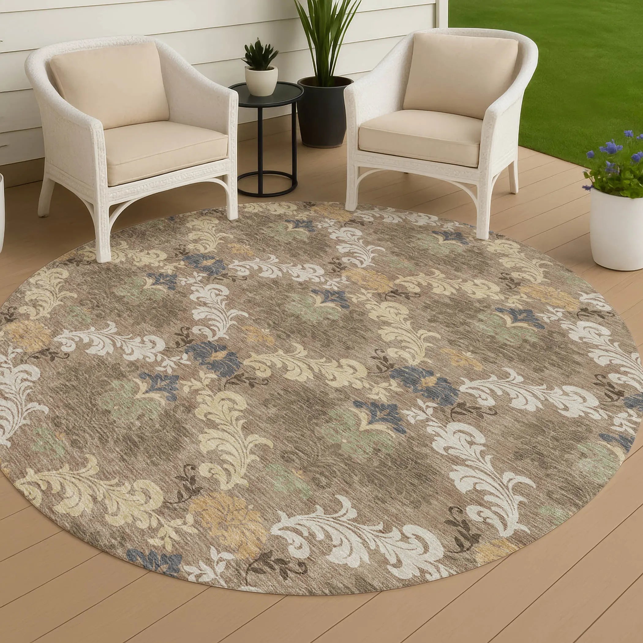 8' Brown And Taupe Round Damask Washable Indoor Outdoor Area Rug Homeroots Outdoor