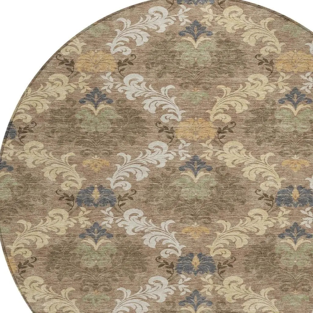 8' Brown And Taupe Round Damask Washable Indoor Outdoor Area Rug Homeroots Outdoor