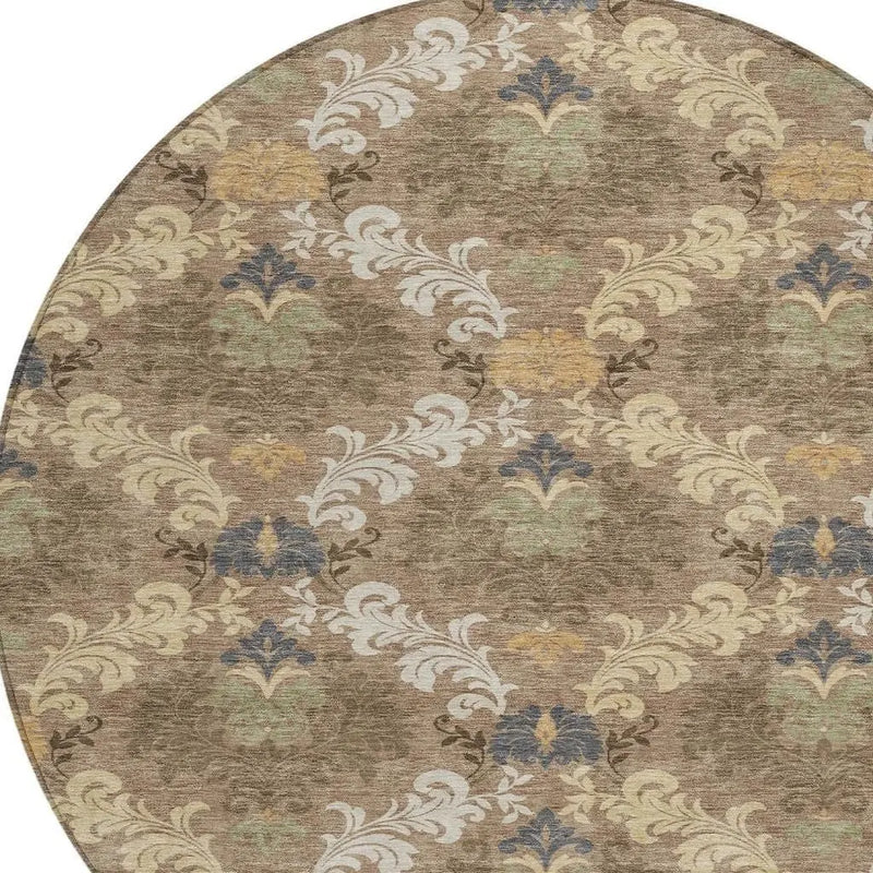 8' Brown And Taupe Round Damask Washable Indoor Outdoor Area Rug Homeroots Outdoor