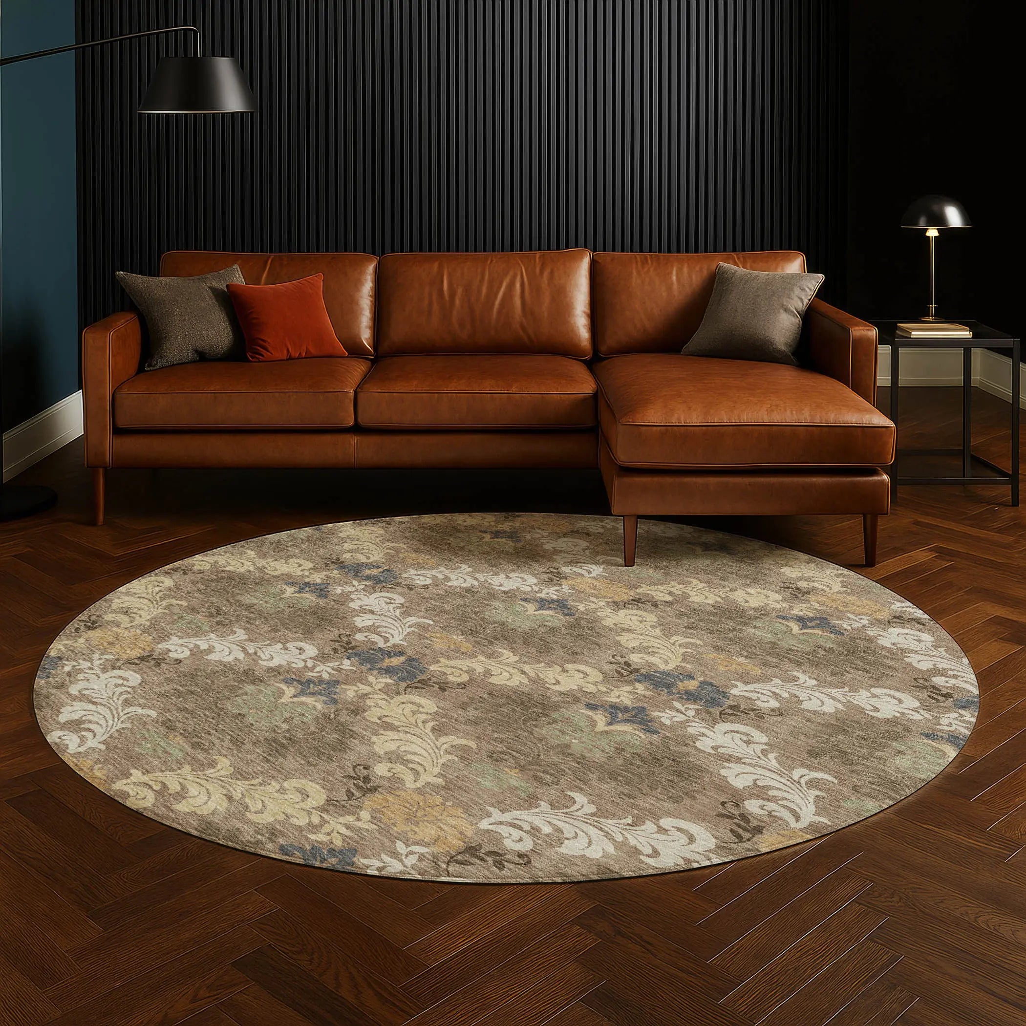 8' Brown And Taupe Round Damask Washable Indoor Outdoor Area Rug Homeroots Outdoor