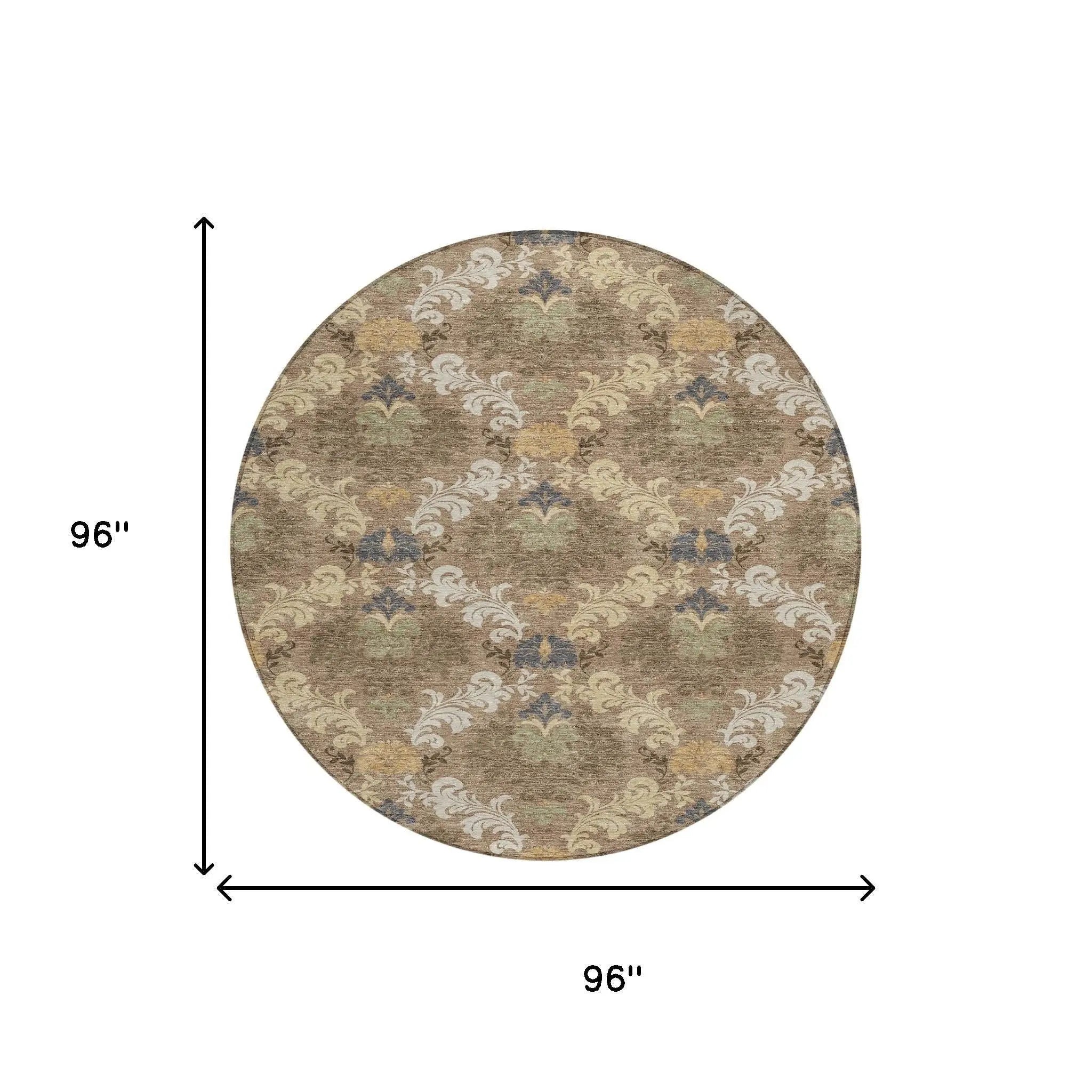 8' Brown And Taupe Round Damask Washable Indoor Outdoor Area Rug Homeroots Outdoor